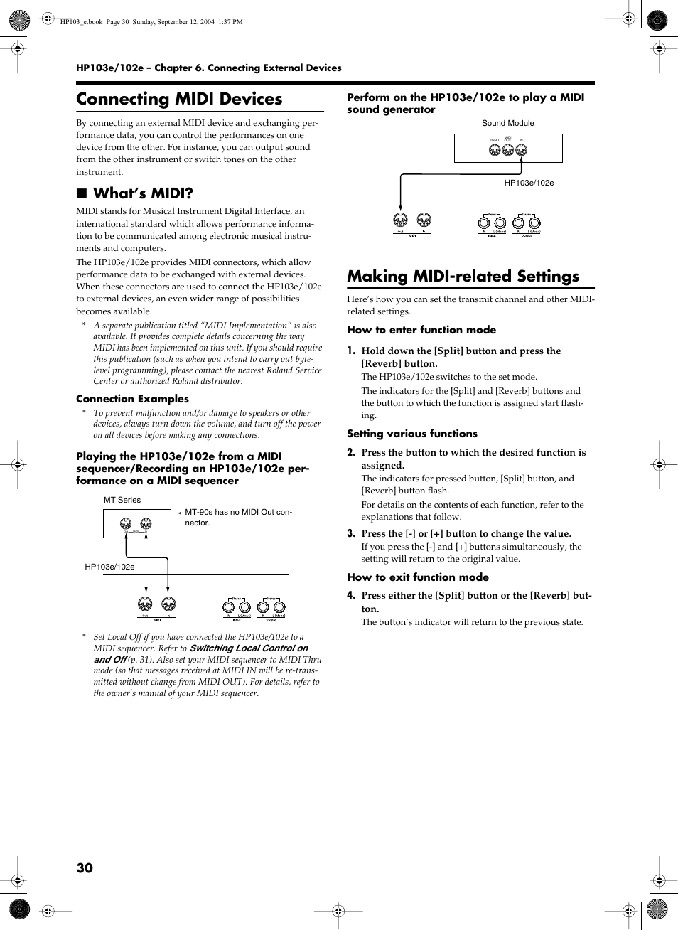 Connecting midi devices, Making midi-related settings, What’s midi | Roland HP103e User Manual | Page 32 / 224