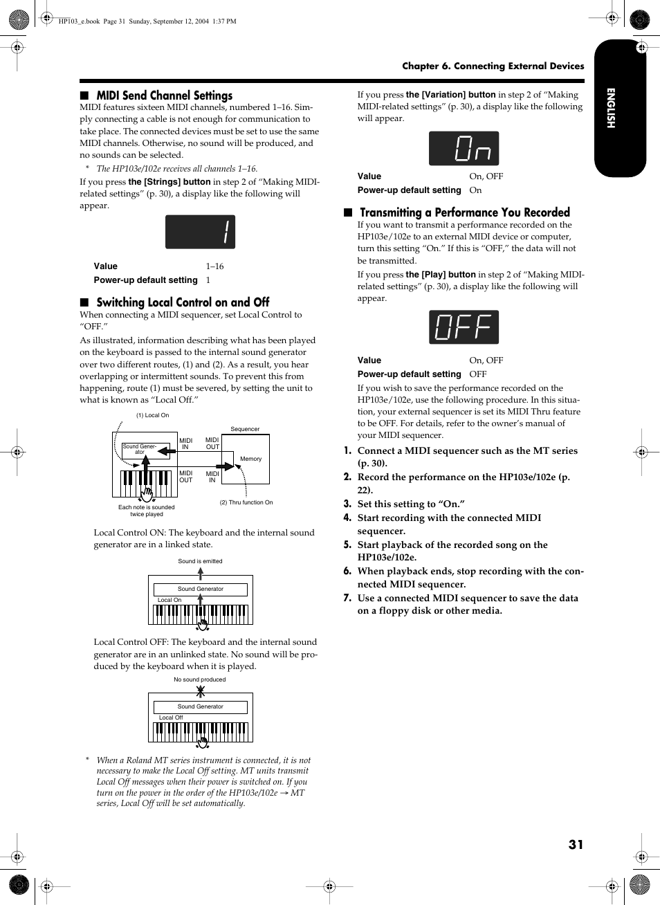 Midi send channel settings, Switching local control on and off, Transmitting a performance you recorded | Roland HP103e User Manual | Page 33 / 224