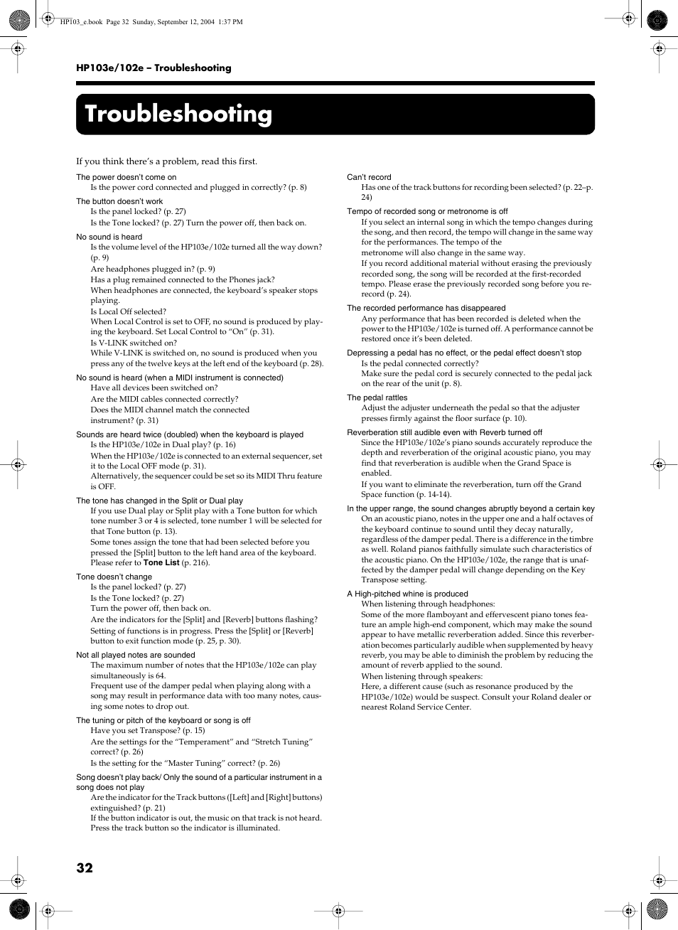 Troubleshooting | Roland HP103e User Manual | Page 34 / 224