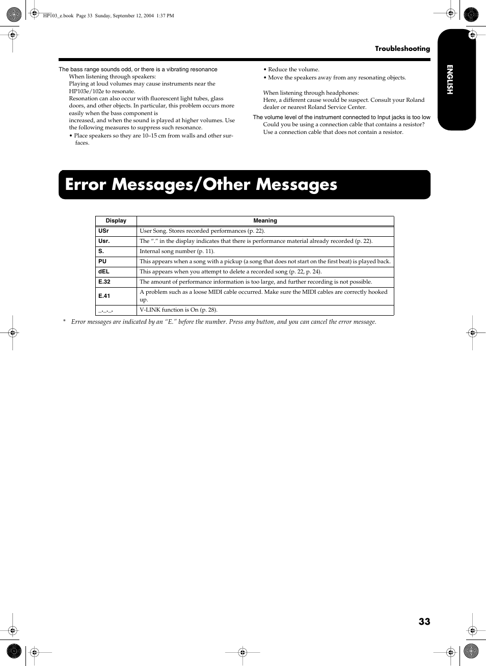 Error messages/other messages | Roland HP103e User Manual | Page 35 / 224