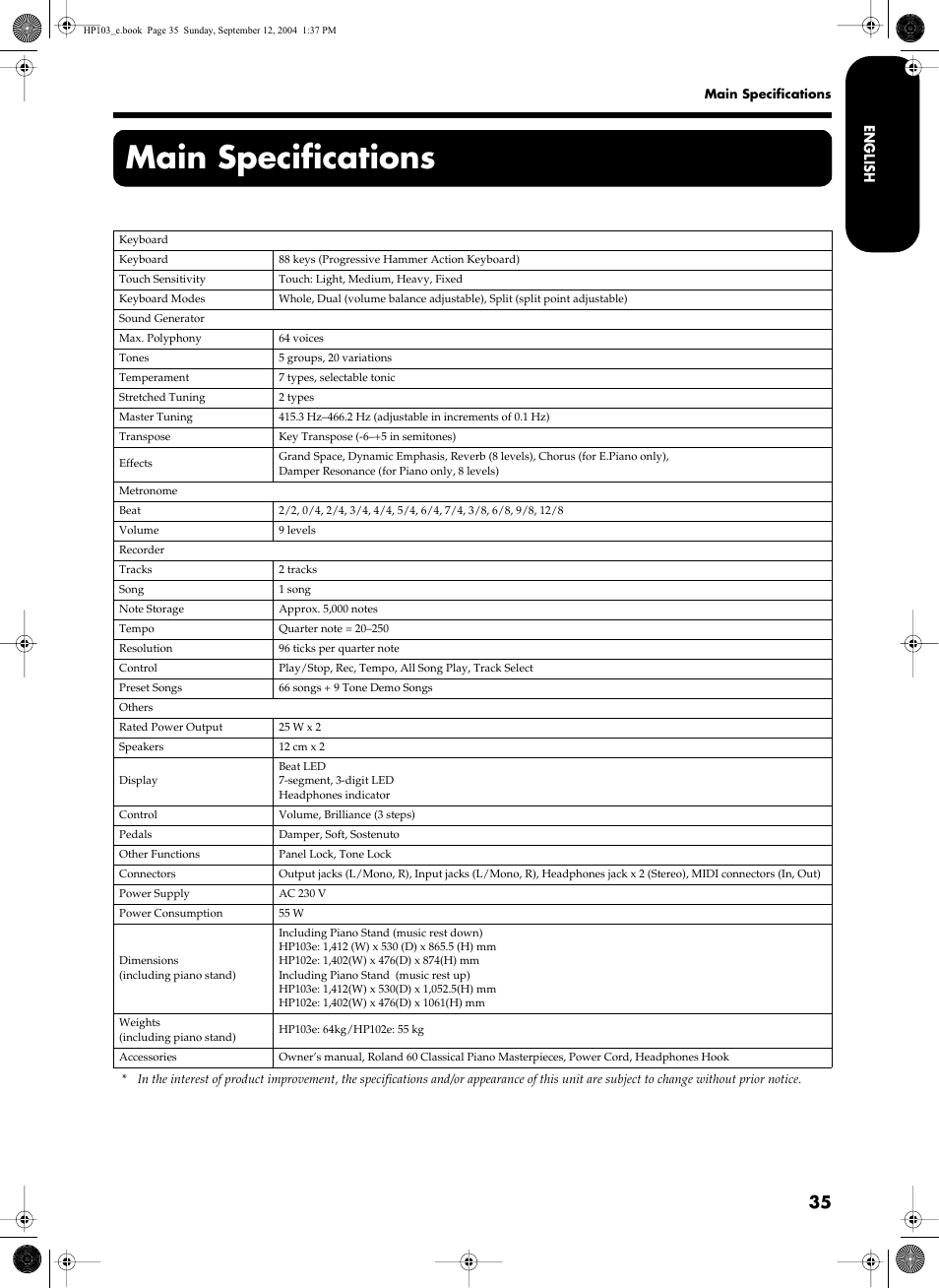 Main specifications | Roland HP103e User Manual | Page 37 / 224