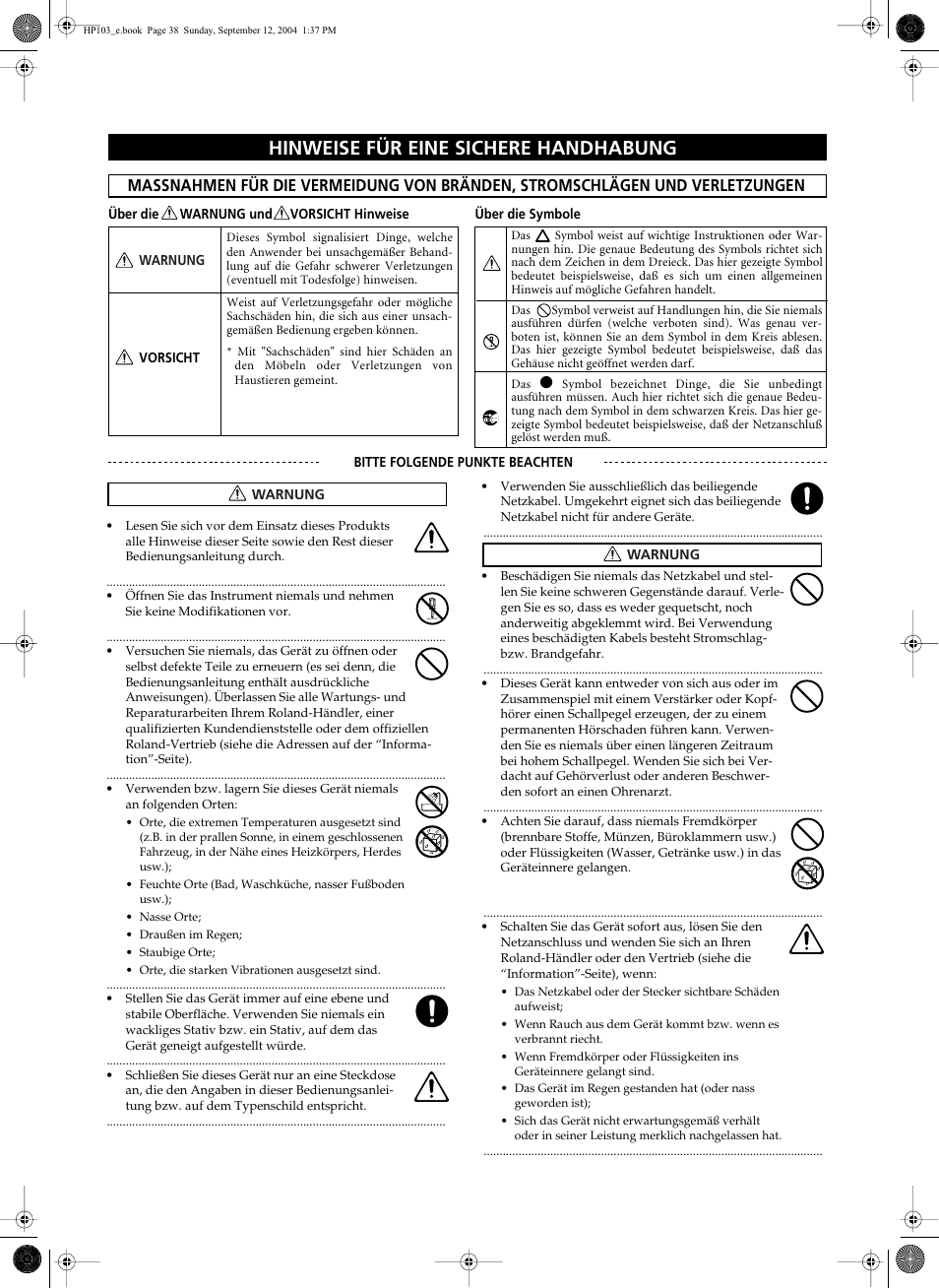 Hinweise für eine sichere handhabung | Roland HP103e User Manual | Page 40 / 224