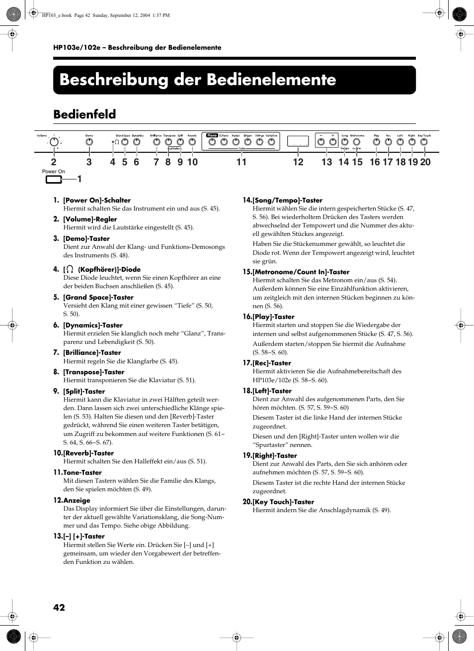 Beschreibung der bedienelemente, Bedienfeld | Roland HP103e User Manual | Page 44 / 224