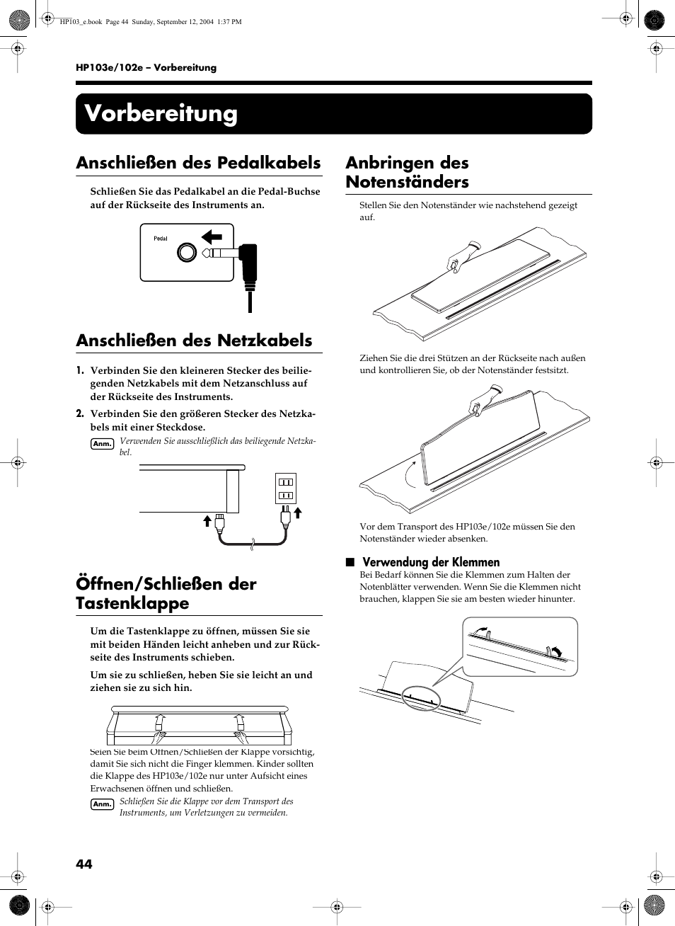 Vorbereitung, Anschließen des pedalkabels, Anschließen des netzkabels | Öffnen/schließen der tastenklappe | Roland HP103e User Manual | Page 46 / 224