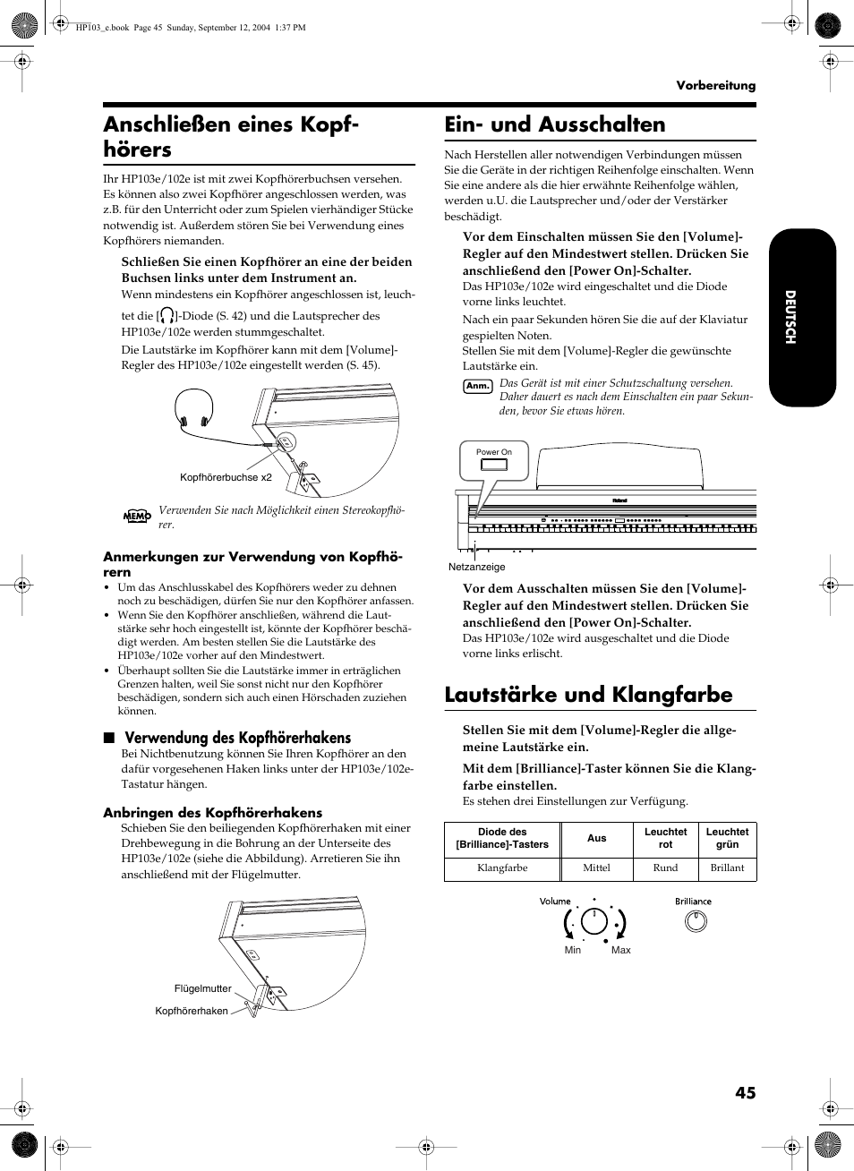 Anschließen eines kopf- hörers, Ein- und ausschalten, Lautstärke und klangfarbe | Verwendung des kopfhörerhakens | Roland HP103e User Manual | Page 47 / 224