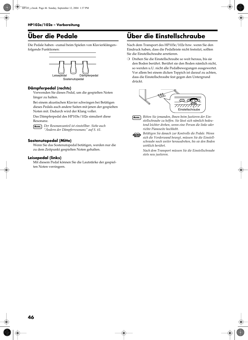 Über die pedale, Über die einstellschraube | Roland HP103e User Manual | Page 48 / 224