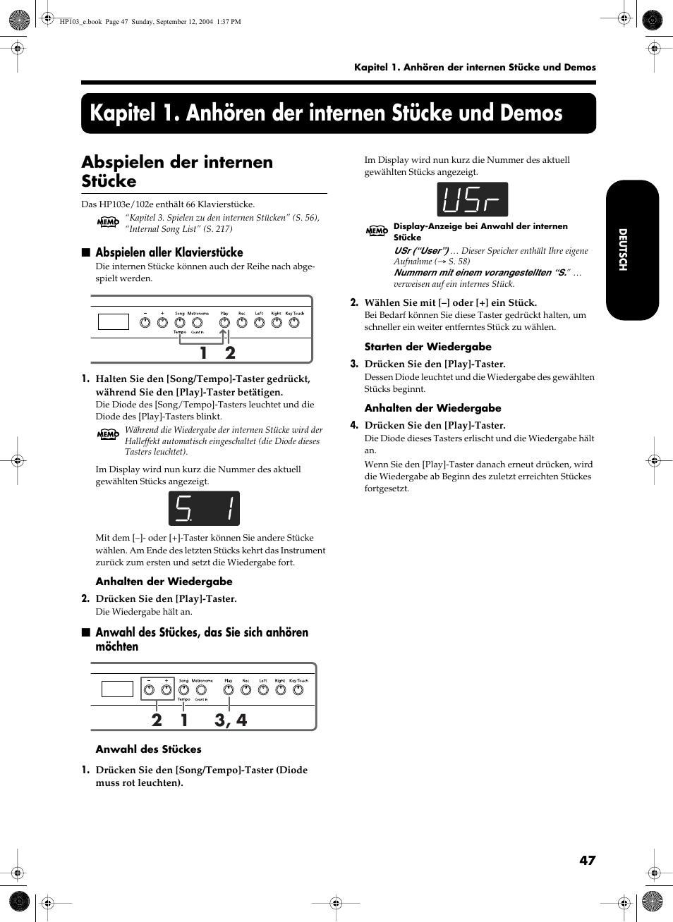 Kapitel 1. anhören der internen stücke und demos, Abspielen der internen stücke | Roland HP103e User Manual | Page 49 / 224