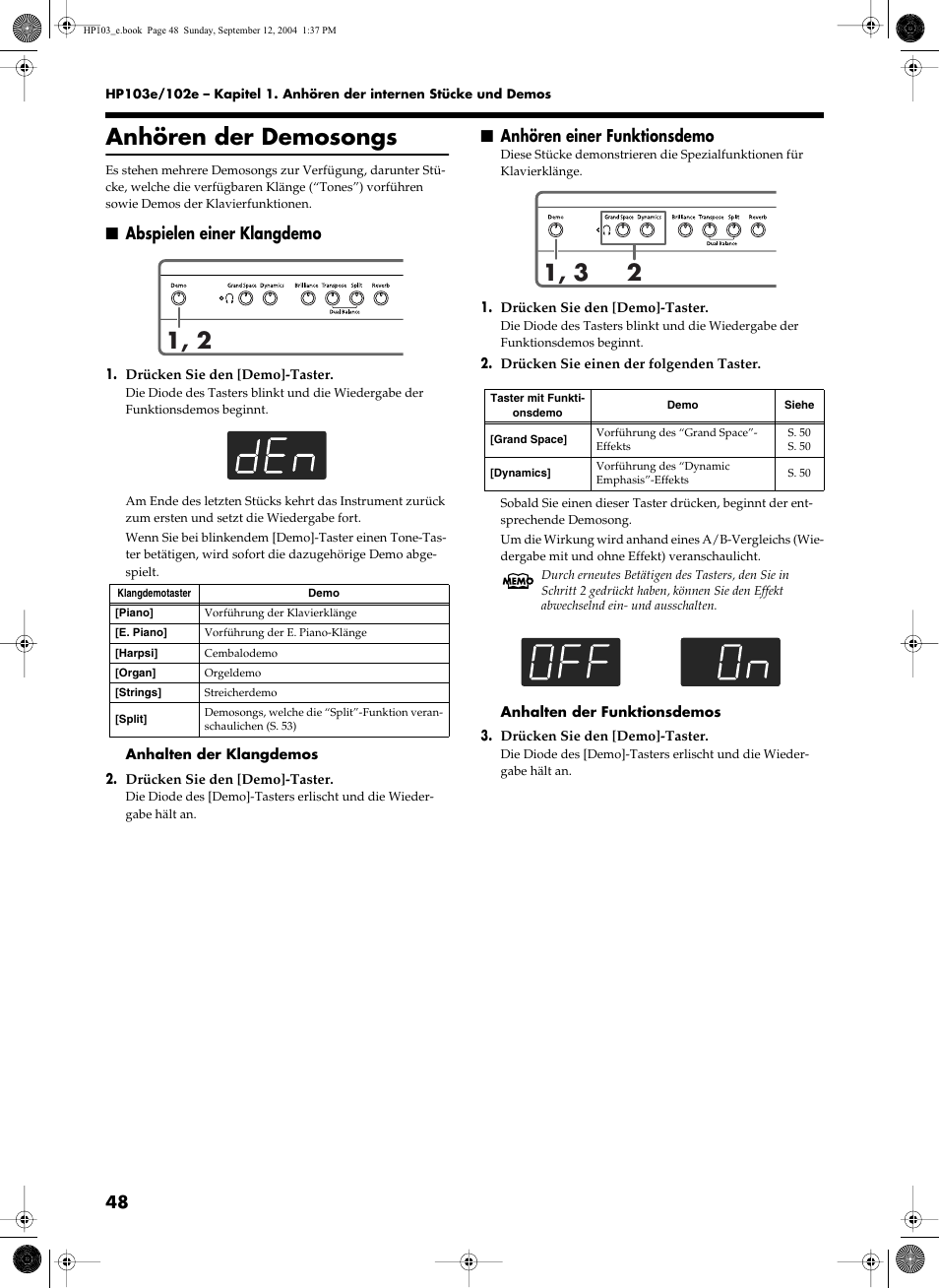 Anhören der demosongs, Abspielen einer klangdemo, Anhören einer funktionsdemo | Roland HP103e User Manual | Page 50 / 224