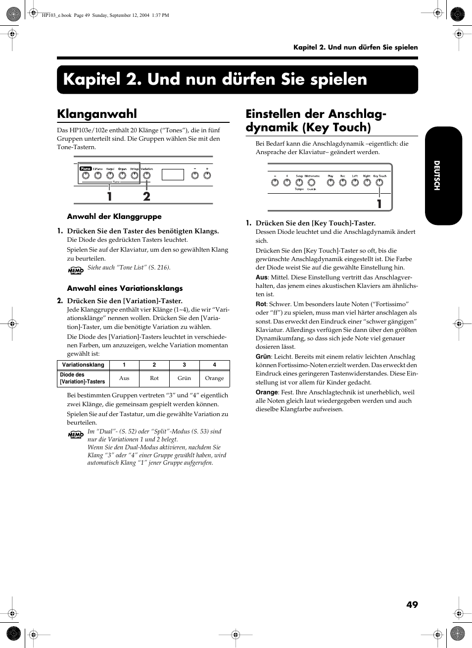 Kapitel 2. und nun dürfen sie spielen, Klanganwahl, Einstellen der anschlag- dynamik (key touch) | Roland HP103e User Manual | Page 51 / 224