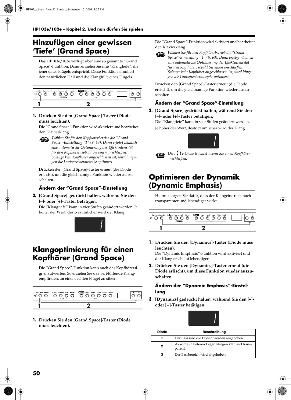 Hinzufügen einer gewissen ‘tiefe’ (grand space), Klangoptimierung für einen kopfhörer (grand space), Optimieren der dynamik (dynamic emphasis) | Roland HP103e User Manual | Page 52 / 224