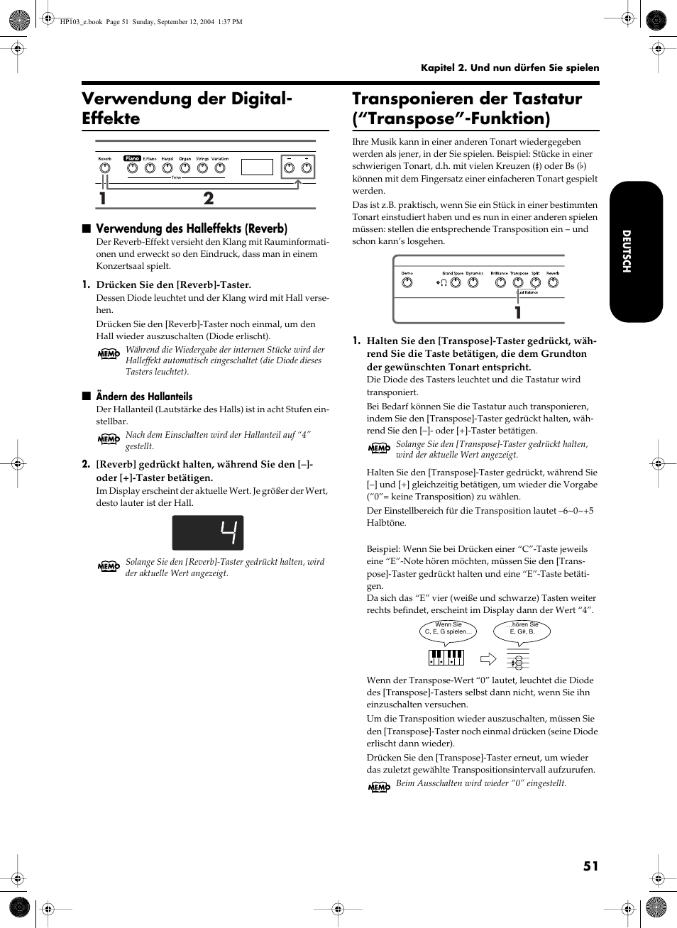 Verwendung der digital- effekte, Transponieren der tastatur (“transpose”-funktion), Verwendung des halleffekts (reverb) | Roland HP103e User Manual | Page 53 / 224