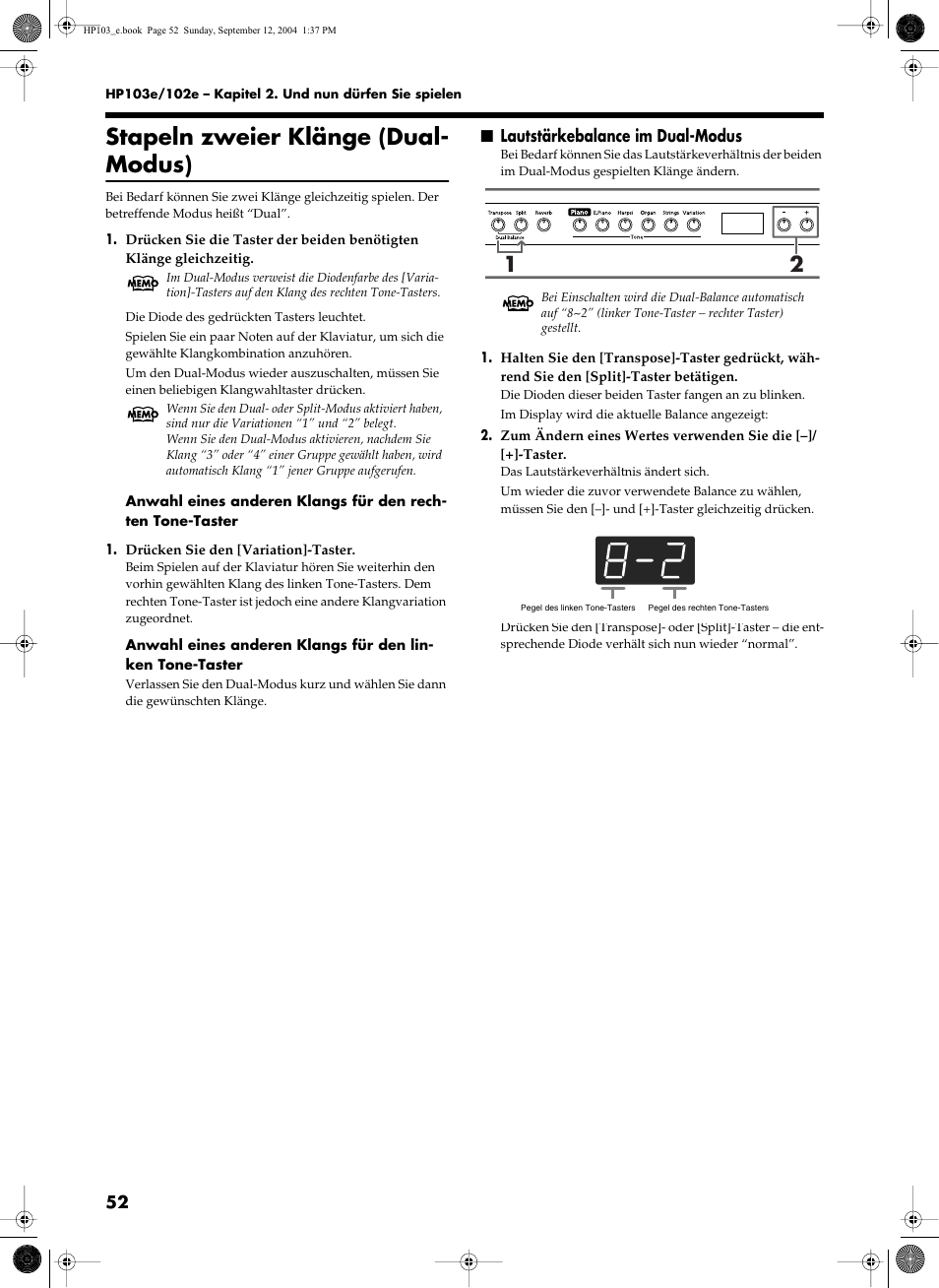 Stapeln zweier klänge (dual- modus), Lautstärkebalance im dual-modus | Roland HP103e User Manual | Page 54 / 224