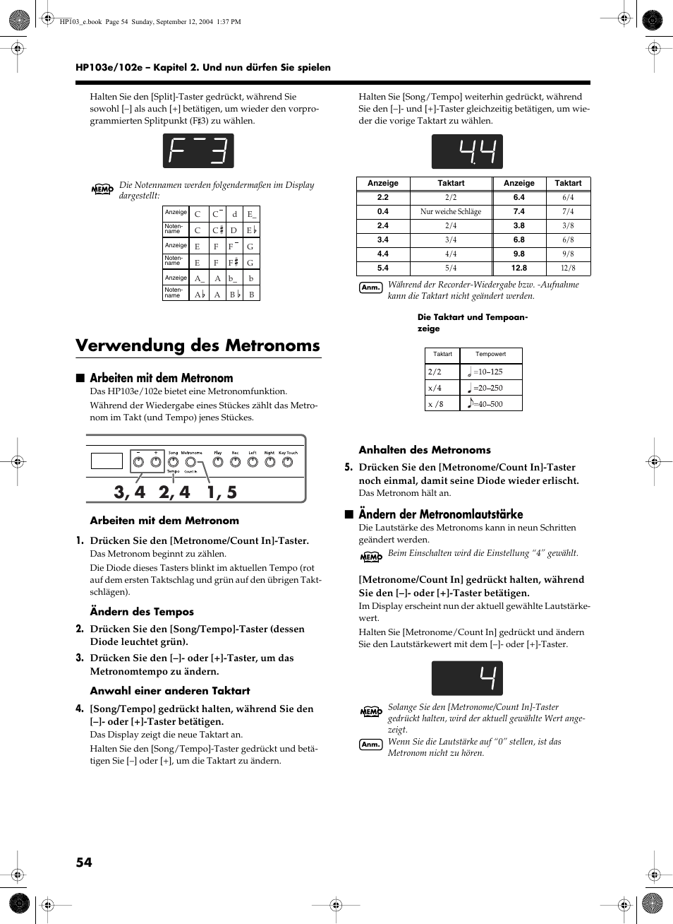 Verwendung des metronoms, Arbeiten mit dem metronom, Ändern der metronomlautstärke | Roland HP103e User Manual | Page 56 / 224