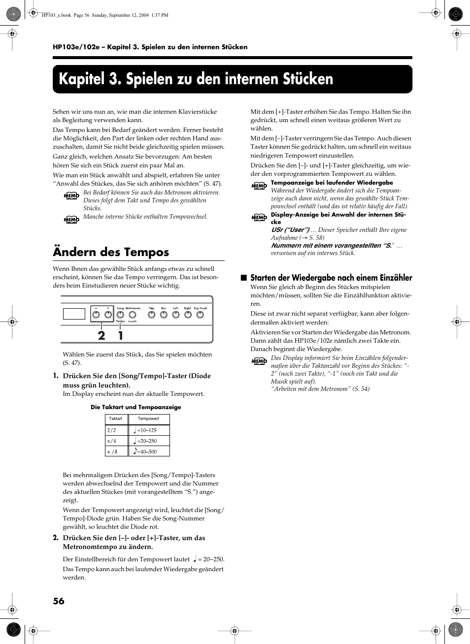 Kapitel 3. spielen zu den internen stücken, Ändern des tempos, Starten der wiedergabe nach einem einzähler | Roland HP103e User Manual | Page 58 / 224