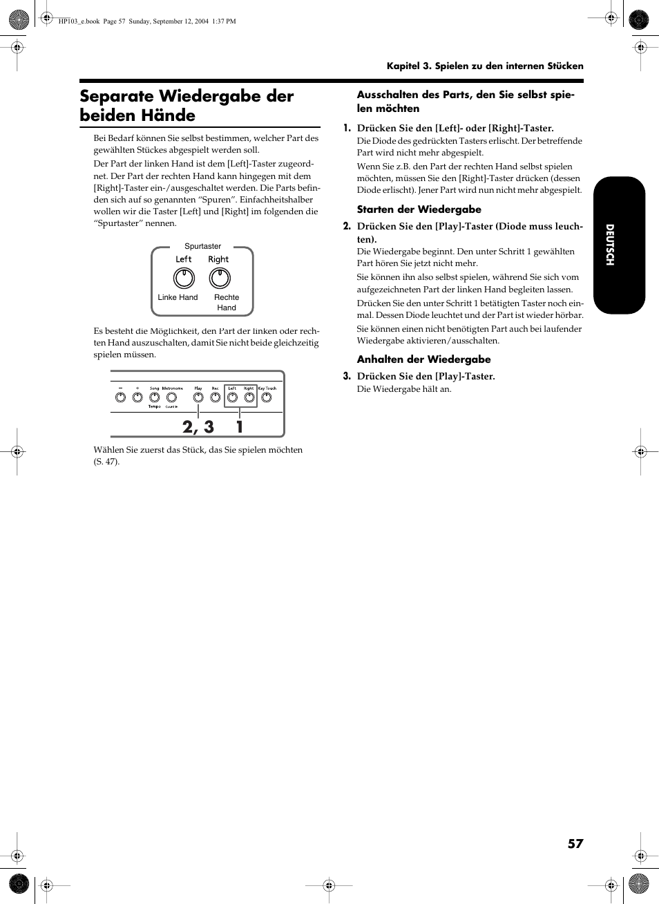 Separate wiedergabe der beiden hände | Roland HP103e User Manual | Page 59 / 224