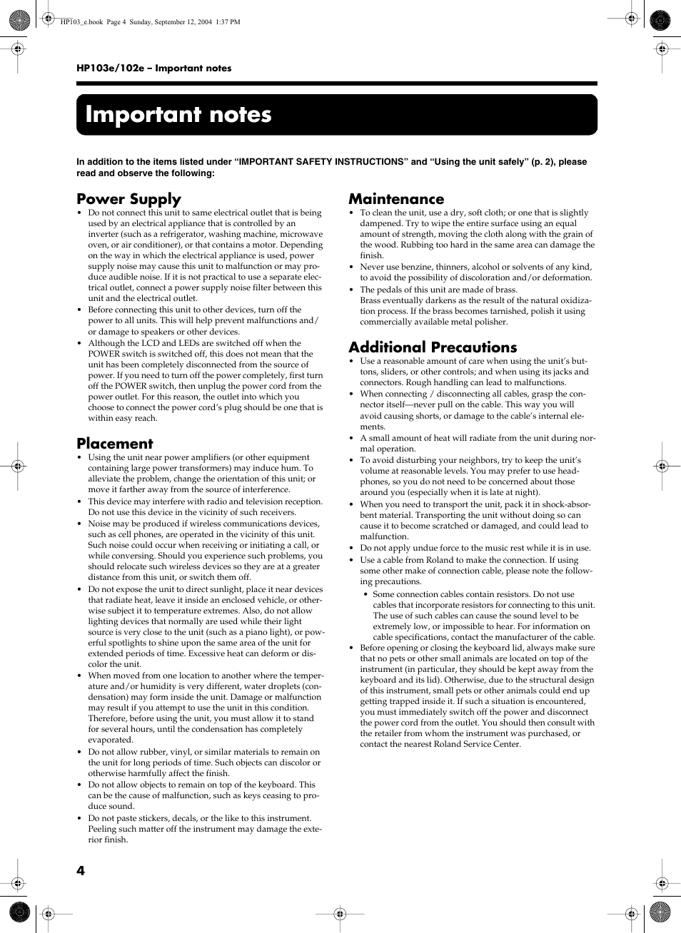 Power supply, Placement, Maintenance | Additional precautions | Roland HP103e User Manual | Page 6 / 224