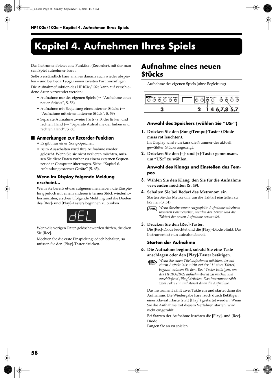 Kapitel 4. aufnehmen ihres spiels, Aufnahme eines neuen stücks | Roland HP103e User Manual | Page 60 / 224