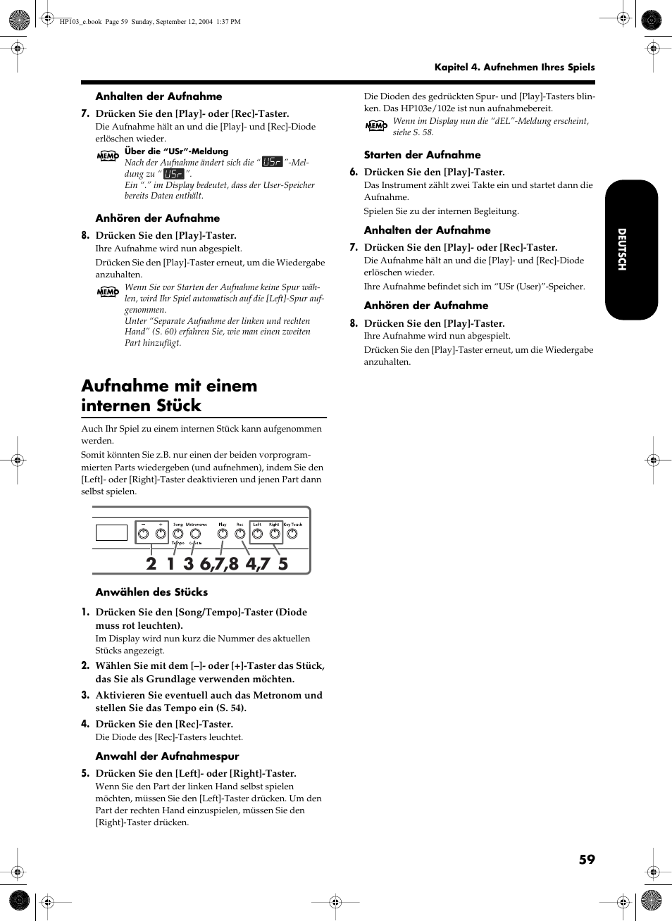 Aufnahme mit einem internen stück | Roland HP103e User Manual | Page 61 / 224