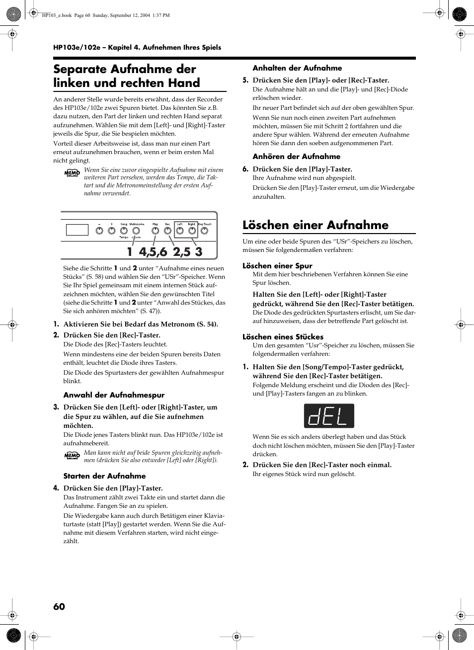 Separate aufnahme der linken und rechten hand, Löschen einer aufnahme | Roland HP103e User Manual | Page 62 / 224