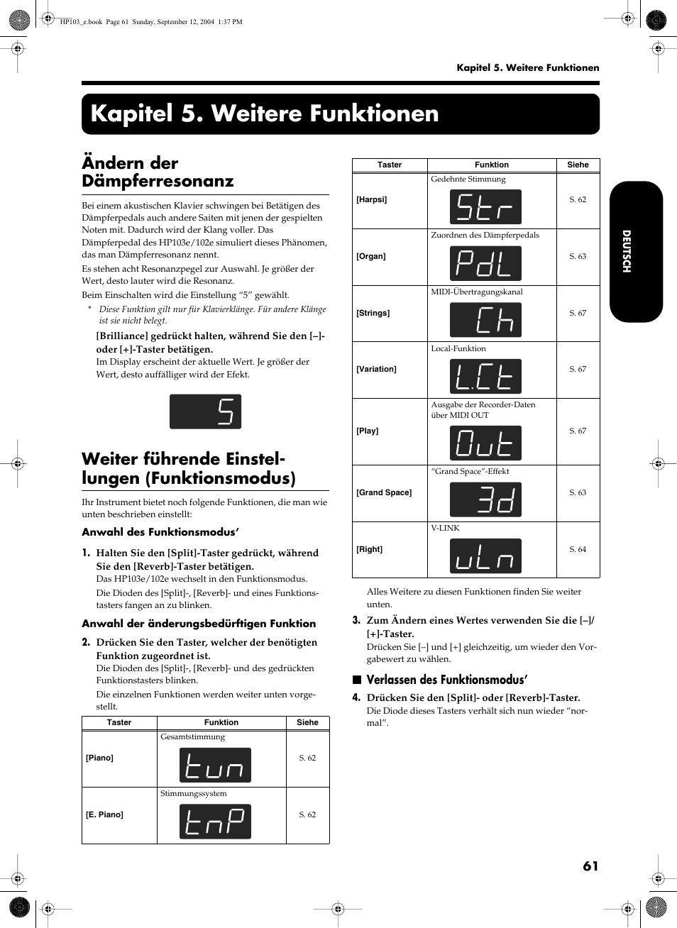 Kapitel 5. weitere funktionen, Ändern der dämpferresonanz, Weiter führende einstel- lungen (funktionsmodus) | Verlassen des funktionsmodus | Roland HP103e User Manual | Page 63 / 224