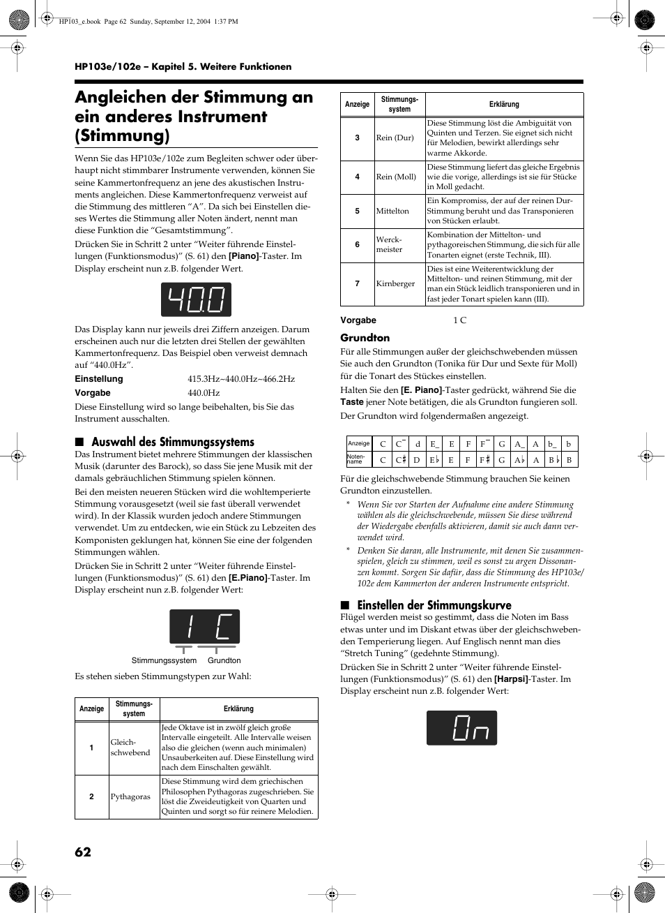 Auswahl des stimmungssystems, Einstellen der stimmungskurve | Roland HP103e User Manual | Page 64 / 224