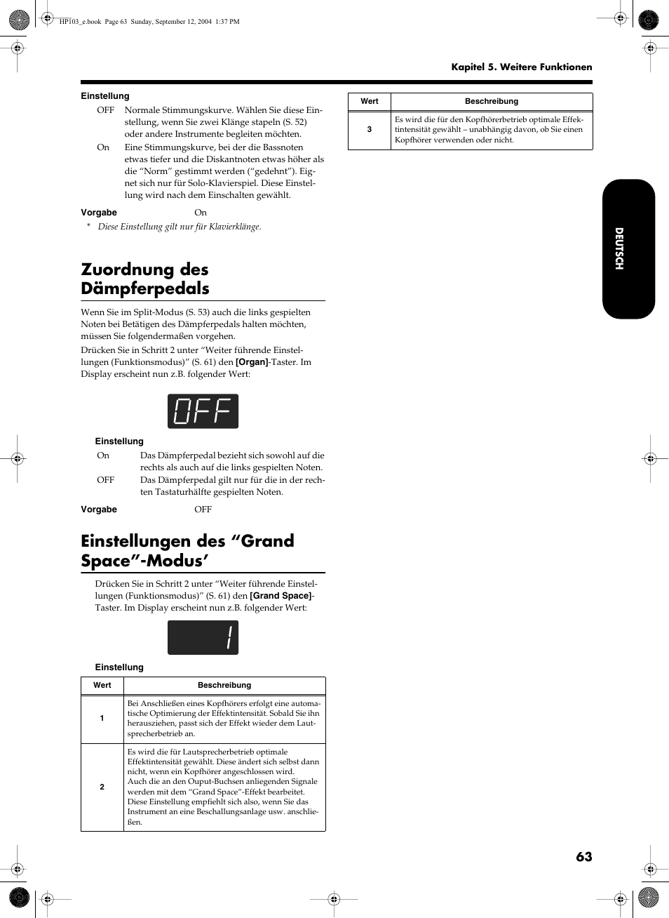 Zuordnung des dämpferpedals, Einstellungen des “grand space”-modus | Roland HP103e User Manual | Page 65 / 224