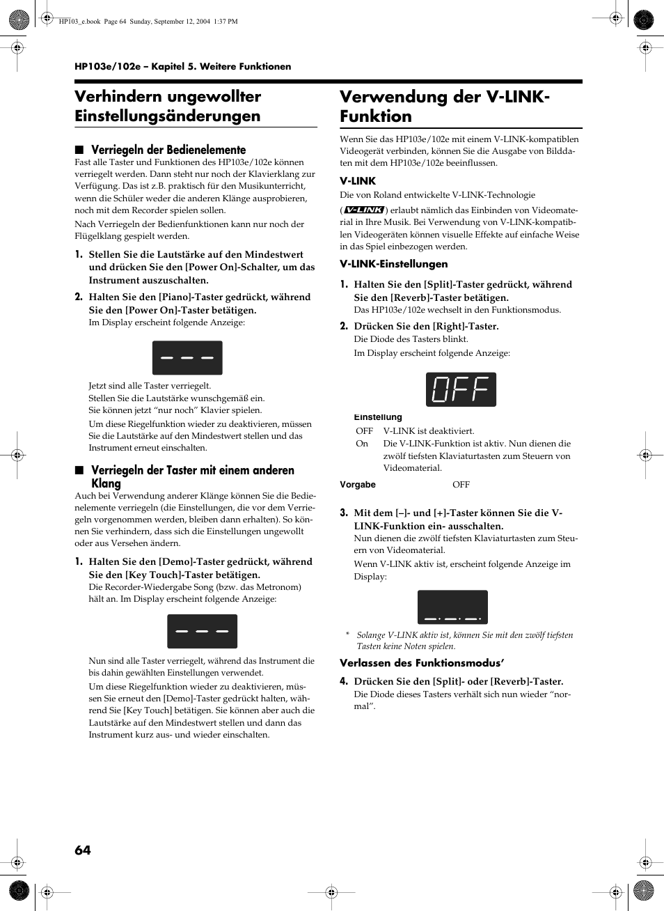 Verwendung der v-link- funktion, Verhindern ungewollter einstellungsänderungen, Verriegeln der bedienelemente | Verriegeln der taster mit einem anderen klang | Roland HP103e User Manual | Page 66 / 224