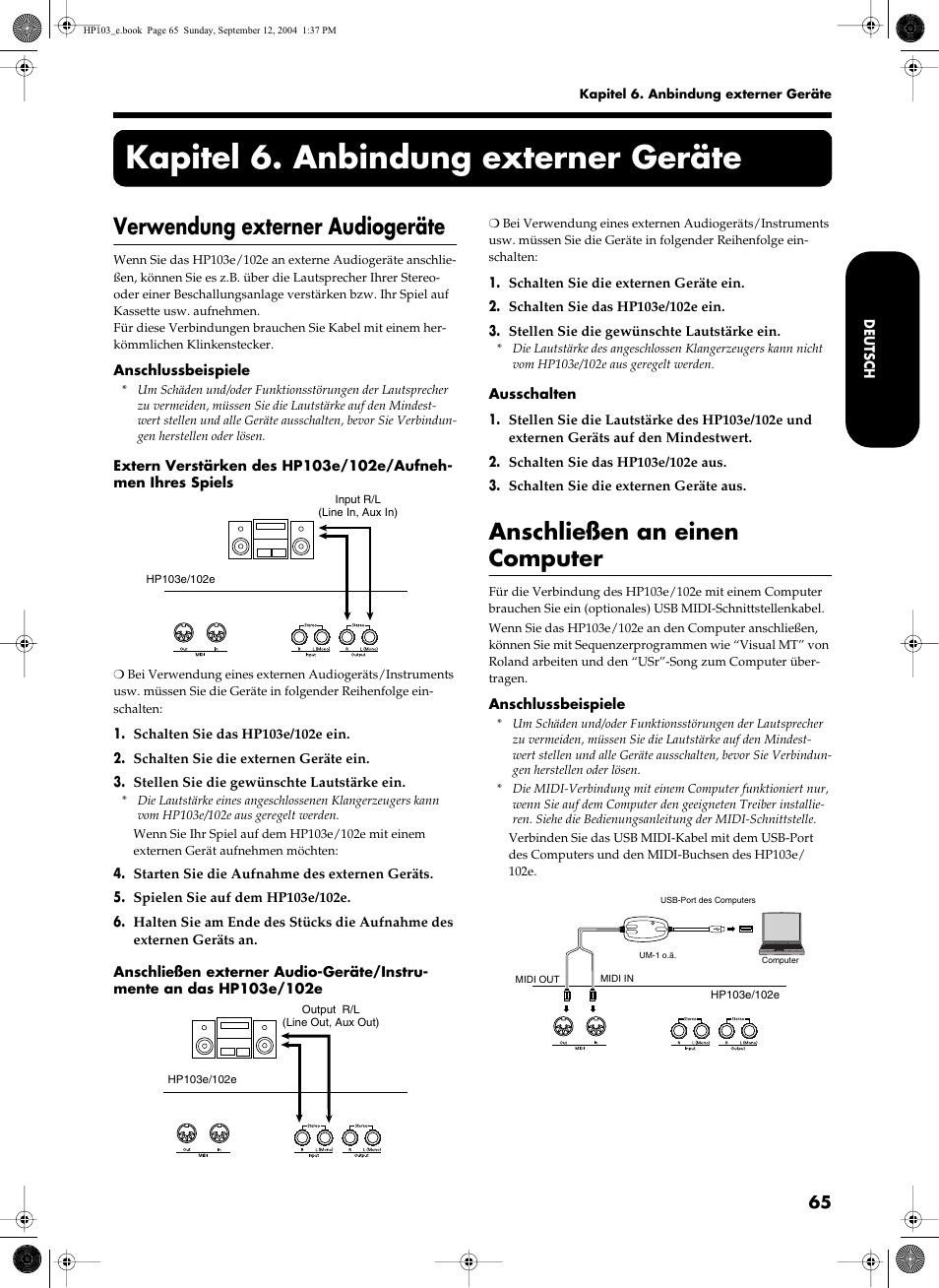 Kapitel 6. anbindung externer geräte, Verwendung externer audiogeräte, Anschließen an einen computer | Roland HP103e User Manual | Page 67 / 224