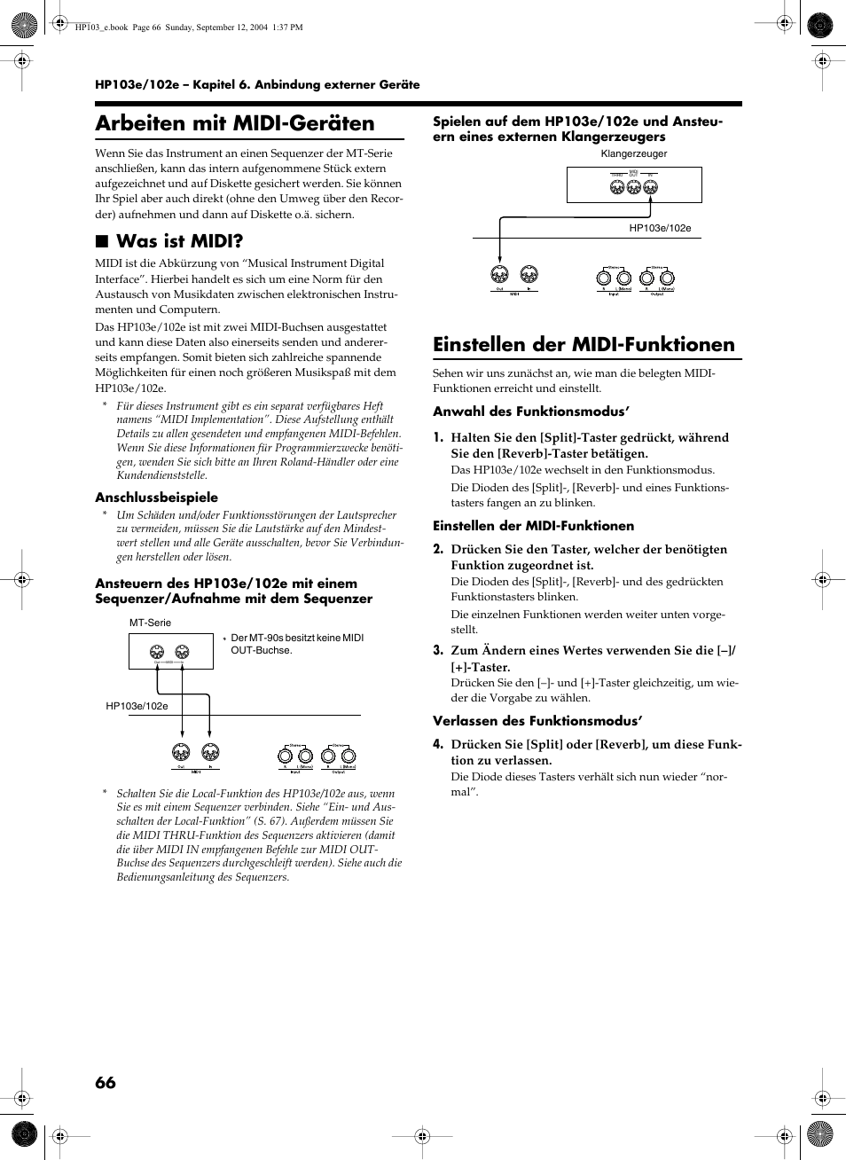 Arbeiten mit midi-geräten, Einstellen der midi-funktionen, Was ist midi | Roland HP103e User Manual | Page 68 / 224