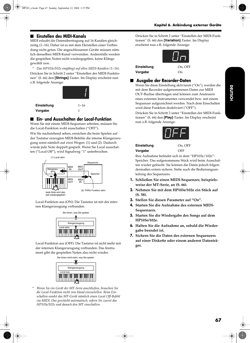 Einstellen des midi-kanals, Ein- und ausschalten der local-funktion, Ausgabe der recorder-daten | Roland HP103e User Manual | Page 69 / 224