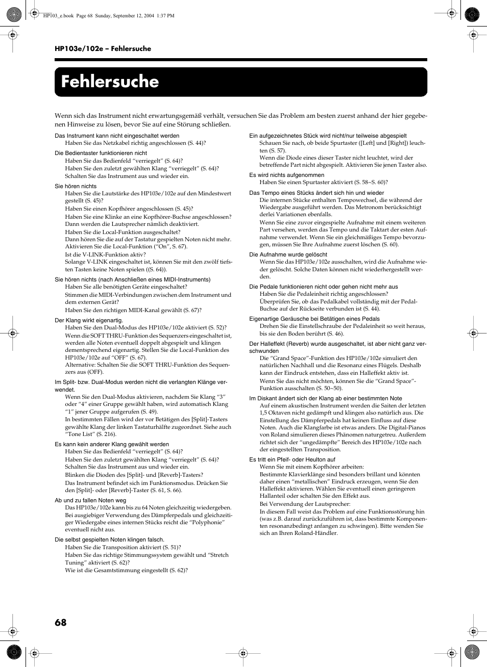 Fehlersuche | Roland HP103e User Manual | Page 70 / 224