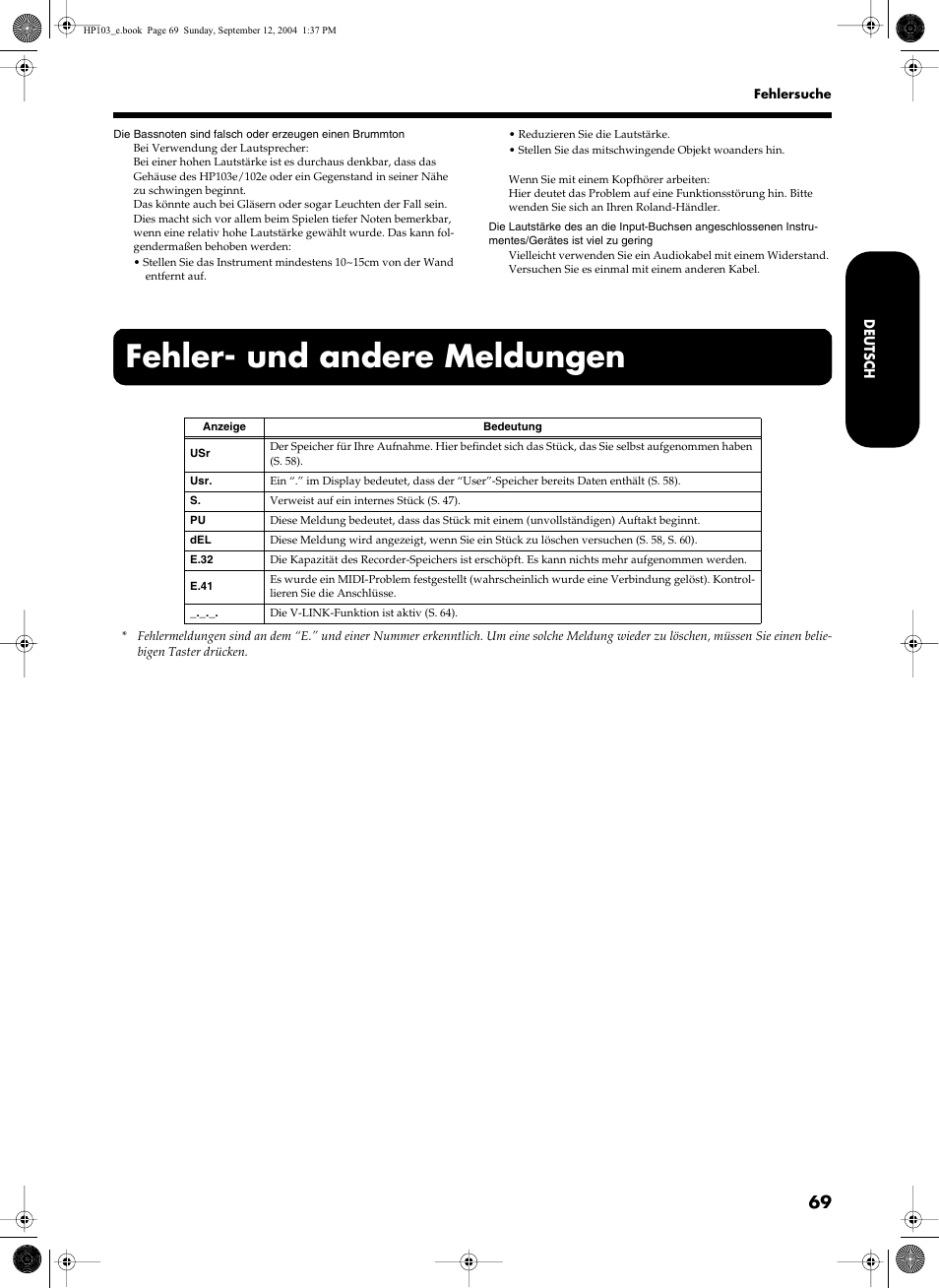 Fehler- und andere meldungen | Roland HP103e User Manual | Page 71 / 224