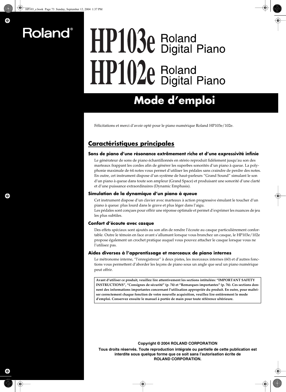 Mode d’emploi, Caractéristiques principales | Roland HP103e User Manual | Page 75 / 224