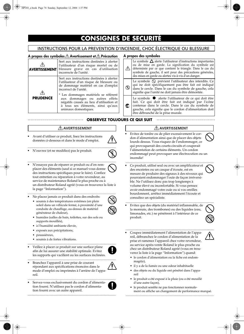 Consignes de securité | Roland HP103e User Manual | Page 76 / 224