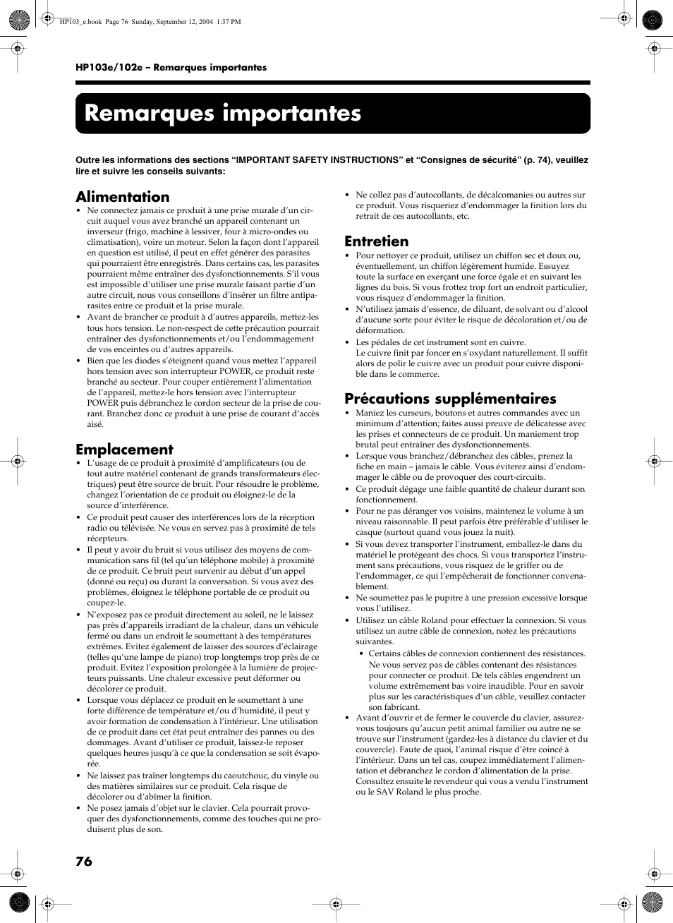 Remarques importantes, Alimentation, Emplacement | Entretien, Précautions supplémentaires | Roland HP103e User Manual | Page 78 / 224