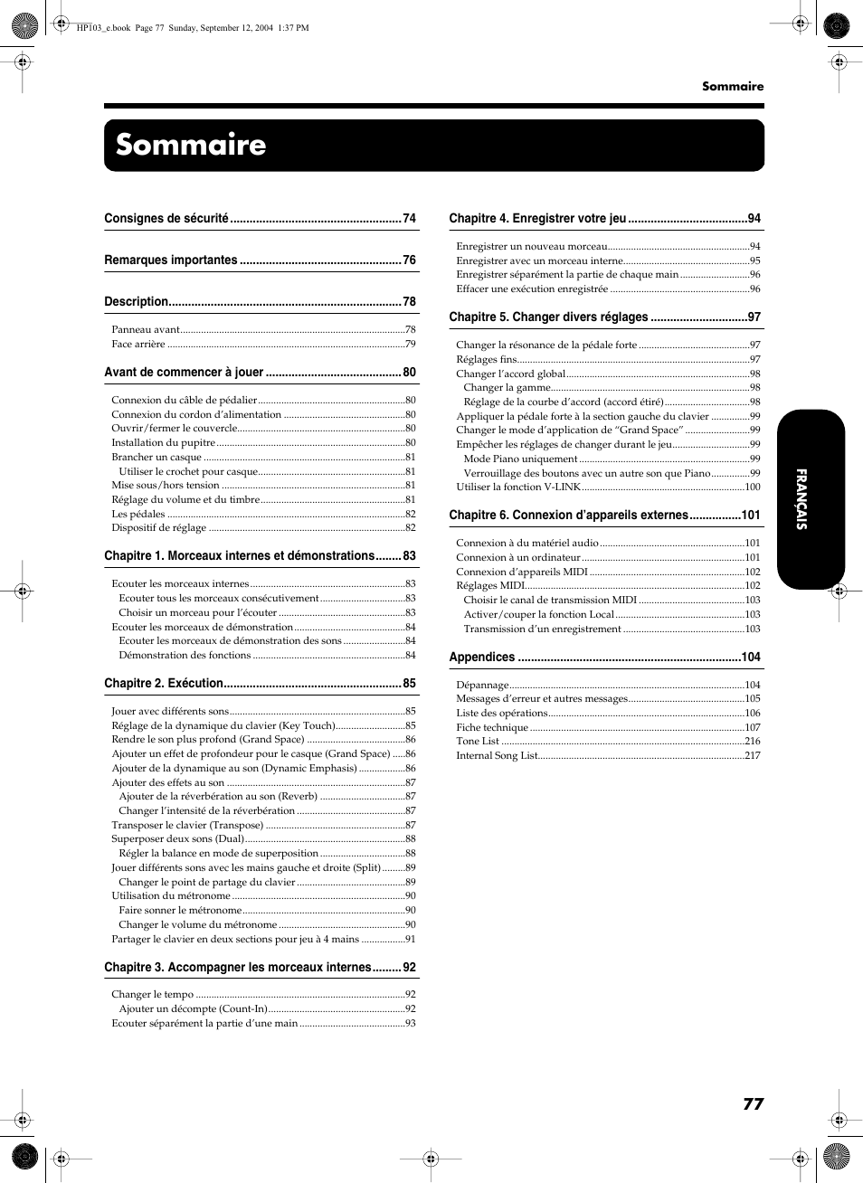 Sommaire | Roland HP103e User Manual | Page 79 / 224