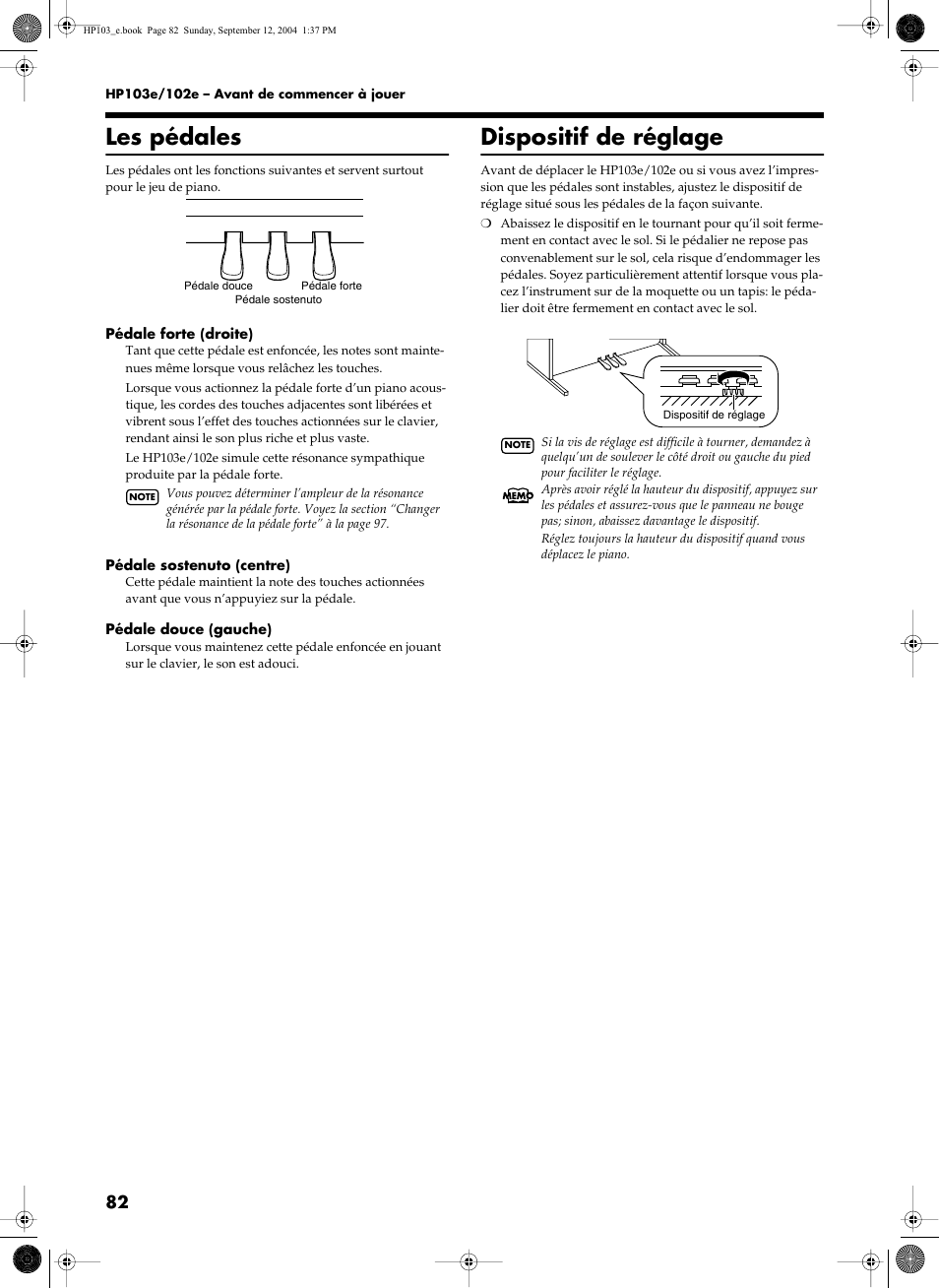 Les pédales, Dispositif de réglage | Roland HP103e User Manual | Page 84 / 224