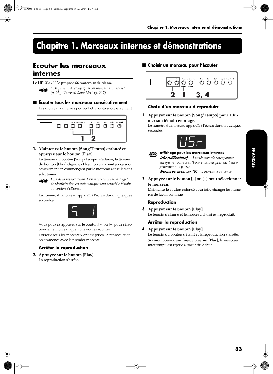 Chapitre 1. morceaux internes et démonstrations, Ecouter les morceaux internes | Roland HP103e User Manual | Page 85 / 224