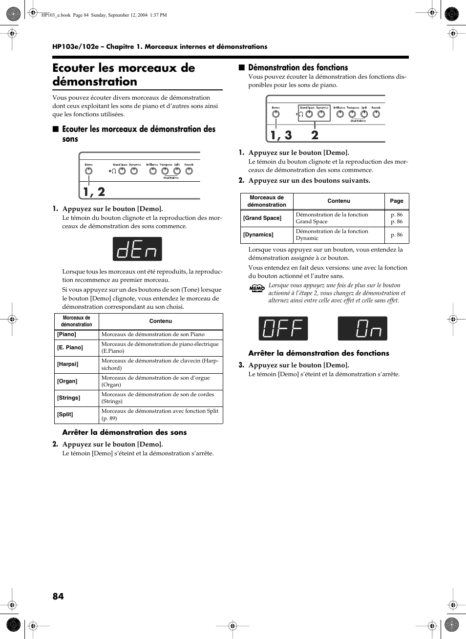 Ecouter les morceaux de démonstration, Ecouter les morceaux de démonstration des sons, Démonstration des fonctions | Roland HP103e User Manual | Page 86 / 224