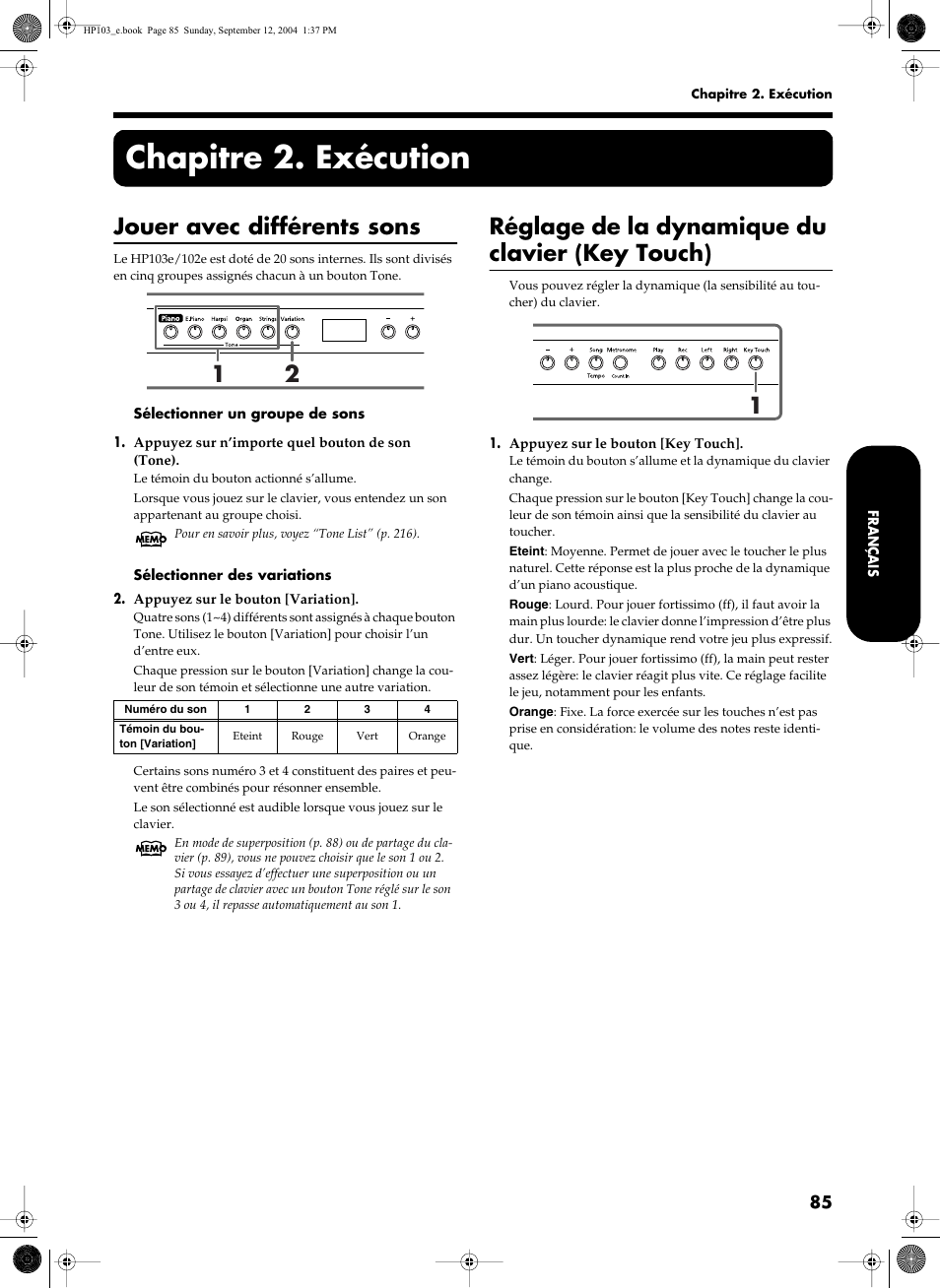 Chapitre 2. exécution, Jouer avec différents sons, Réglage de la dynamique du clavier (key touch) | Roland HP103e User Manual | Page 87 / 224