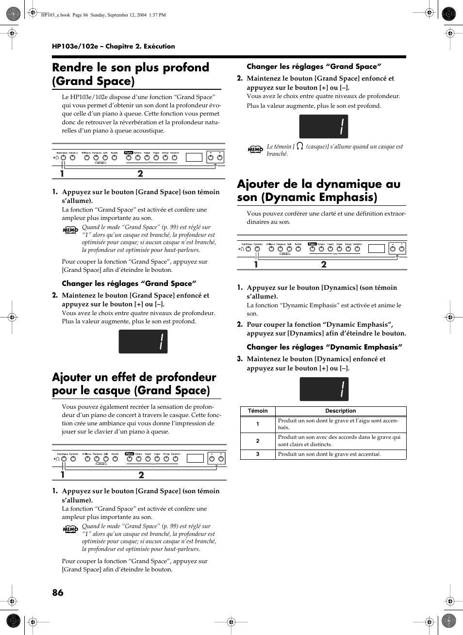 Rendre le son plus profond (grand space), Ajouter de la dynamique au son (dynamic emphasis) | Roland HP103e User Manual | Page 88 / 224