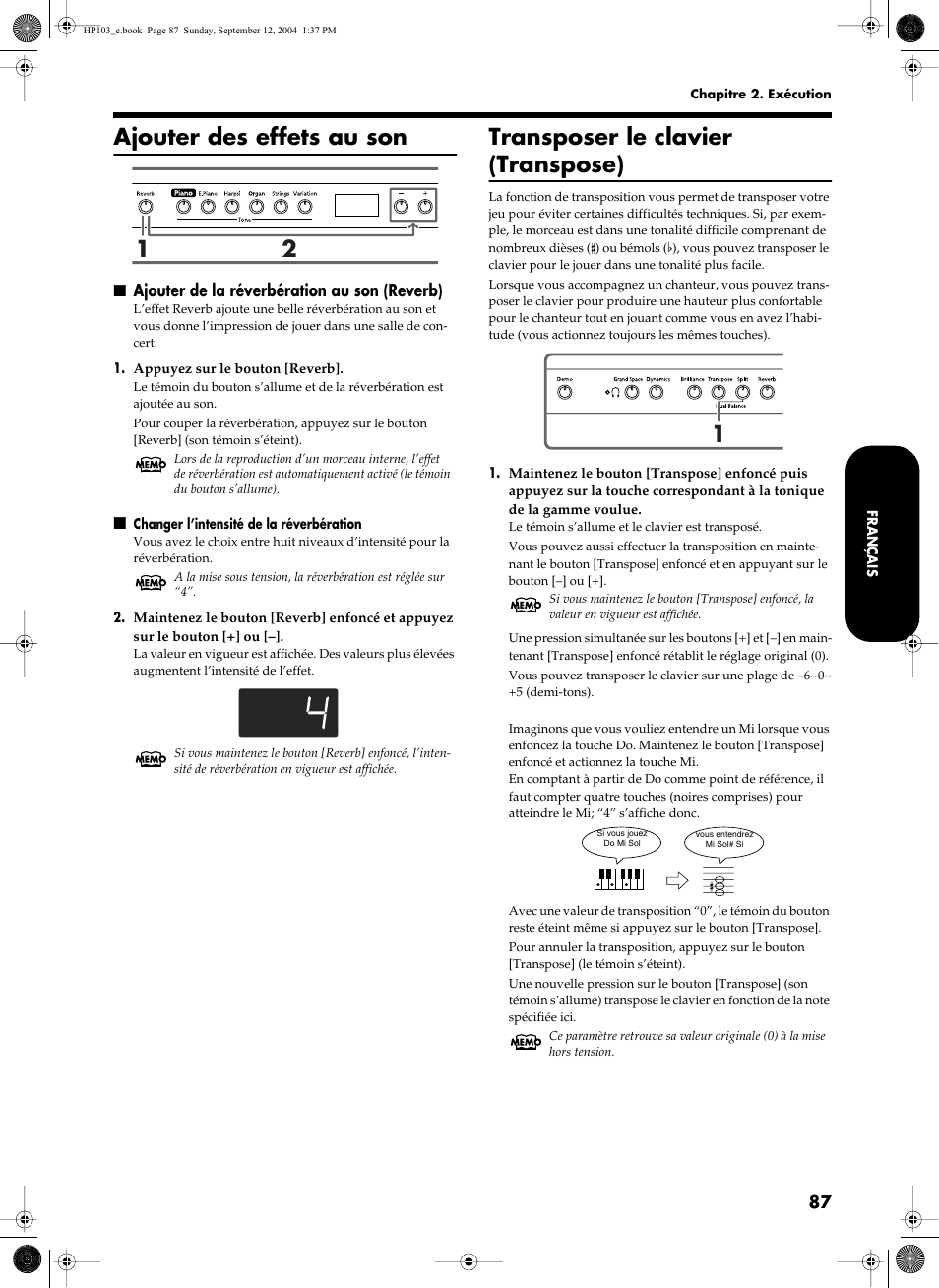 Ajouter des effets au son, Transposer le clavier (transpose) | Roland HP103e User Manual | Page 89 / 224