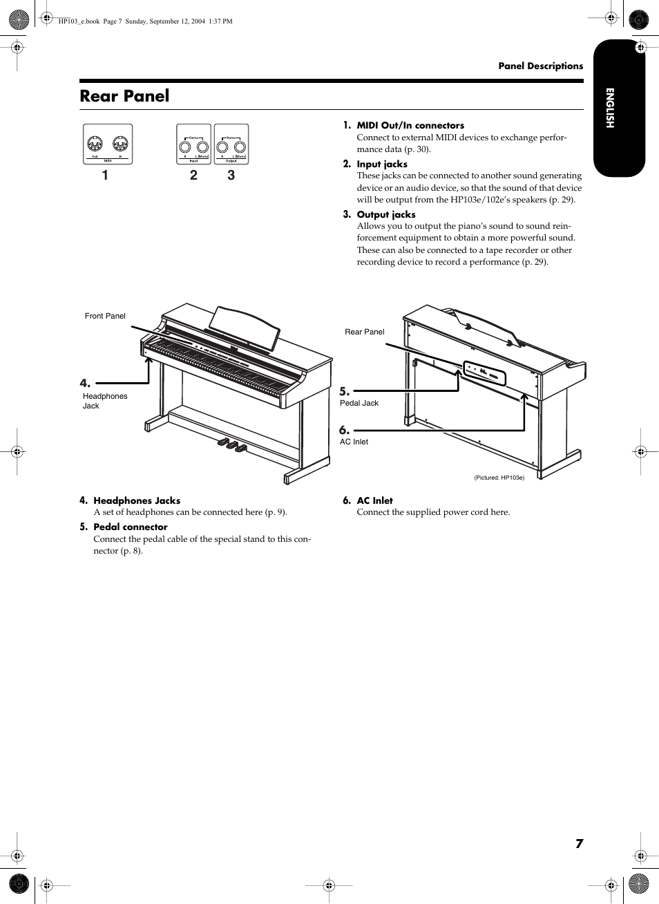 Rear panel | Roland HP103e User Manual | Page 9 / 224