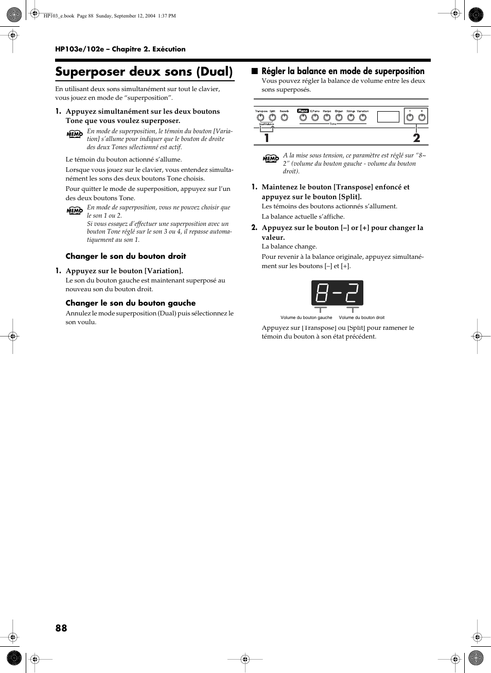 Superposer deux sons (dual), Régler la balance en mode de superposition | Roland HP103e User Manual | Page 90 / 224