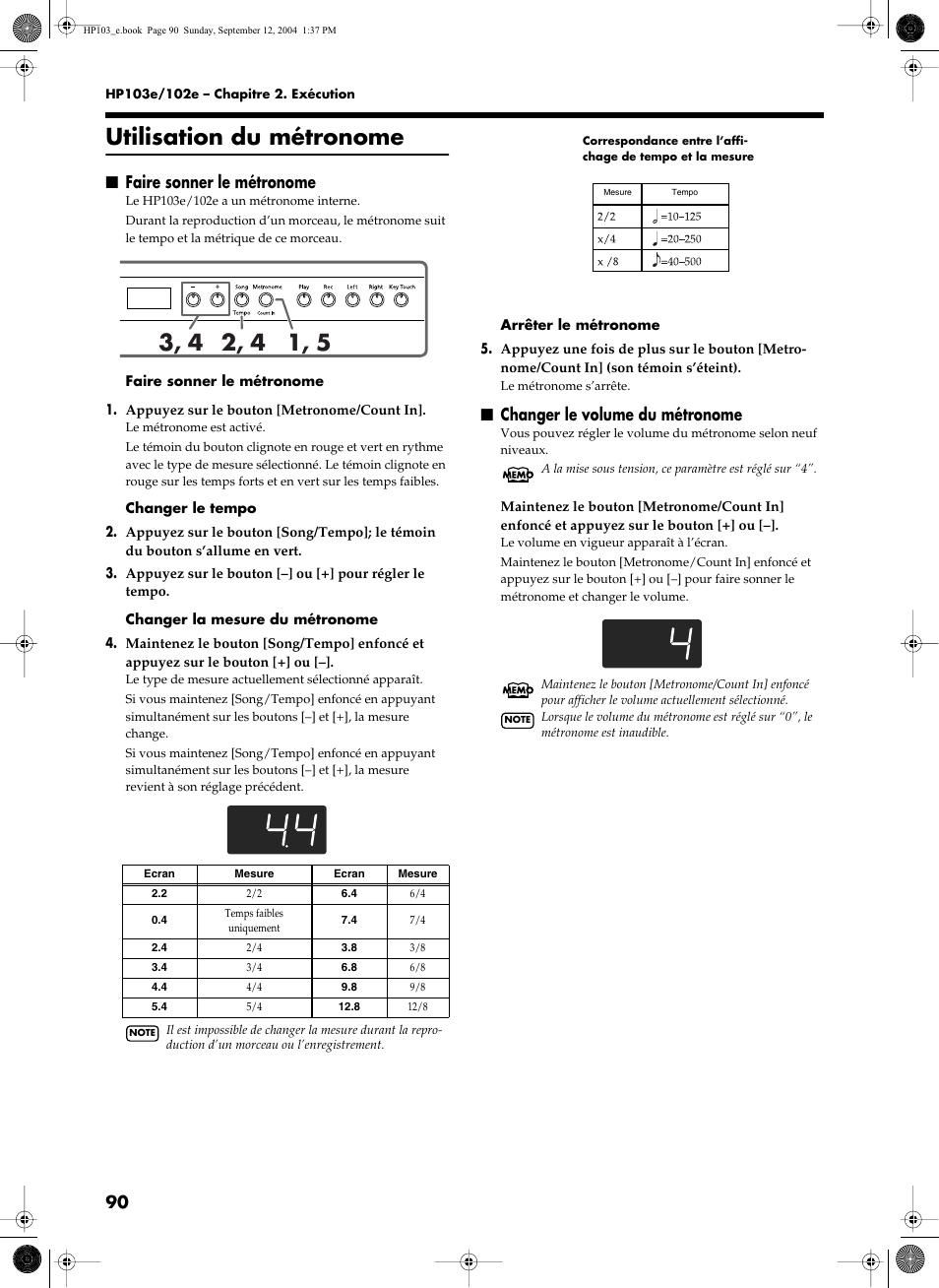 Utilisation du métronome, Faire sonner le métronome, Changer le volume du métronome | Roland HP103e User Manual | Page 92 / 224