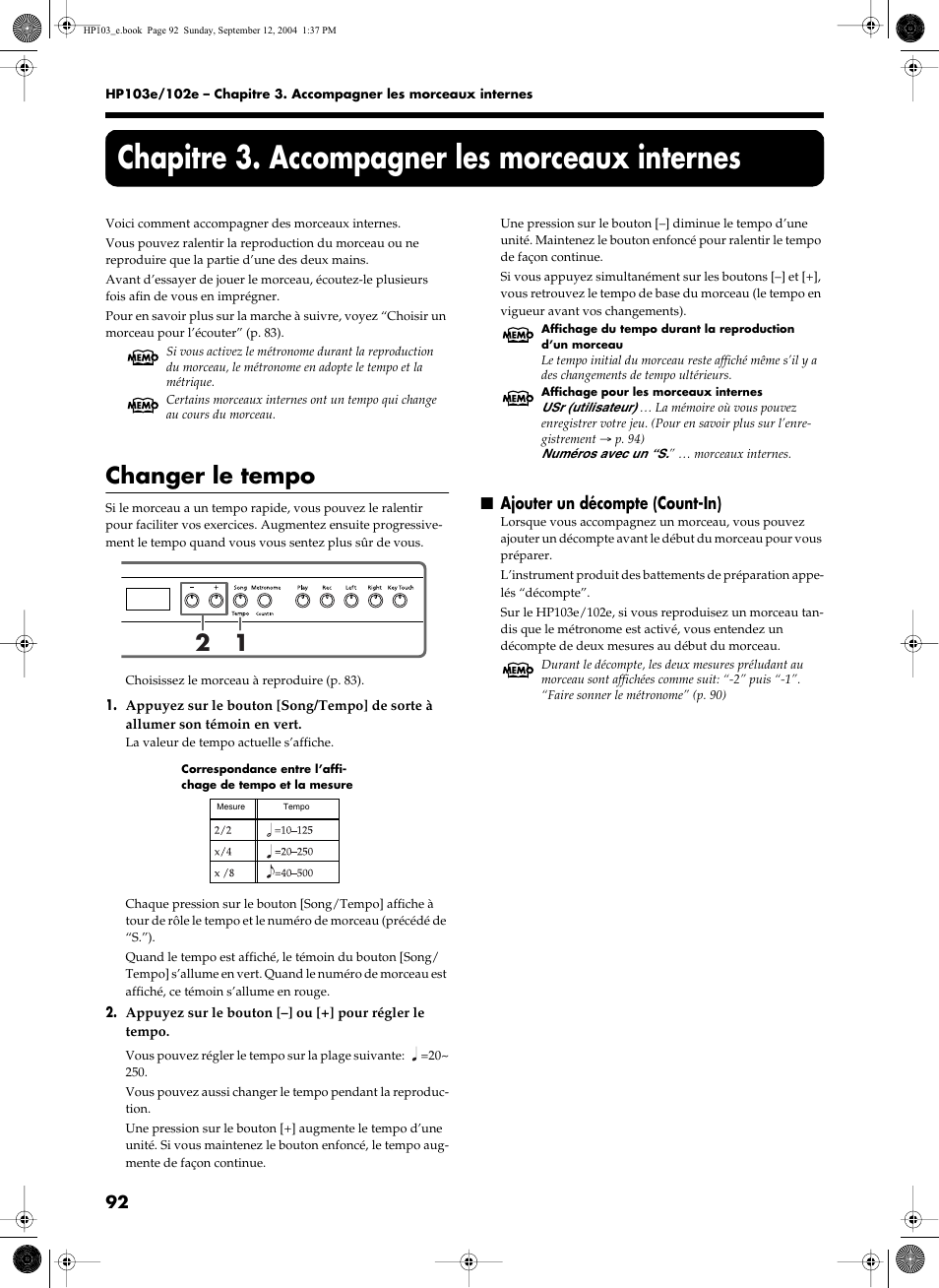 Chapitre 3. accompagner les morceaux internes, Changer le tempo, Ajouter un décompte (count-in) | Roland HP103e User Manual | Page 94 / 224