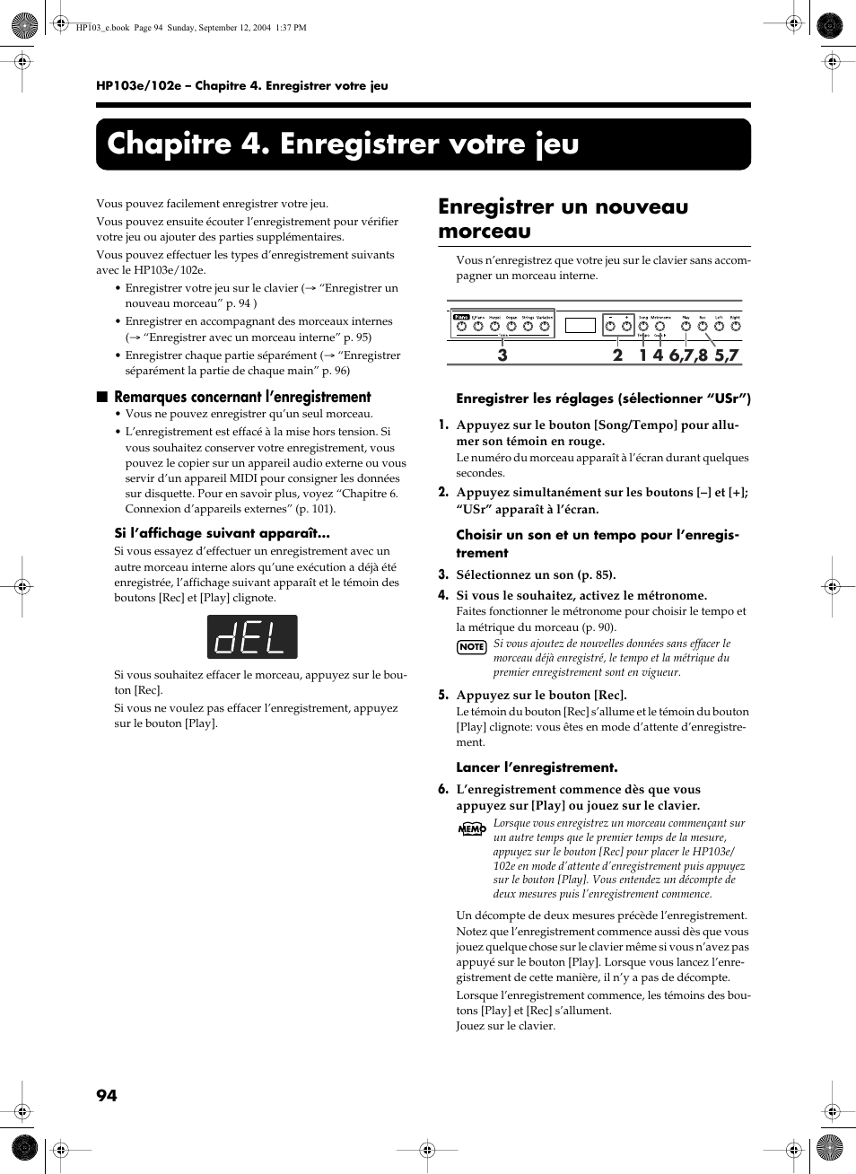 Chapitre 4. enregistrer votre jeu, Enregistrer un nouveau morceau | Roland HP103e User Manual | Page 96 / 224