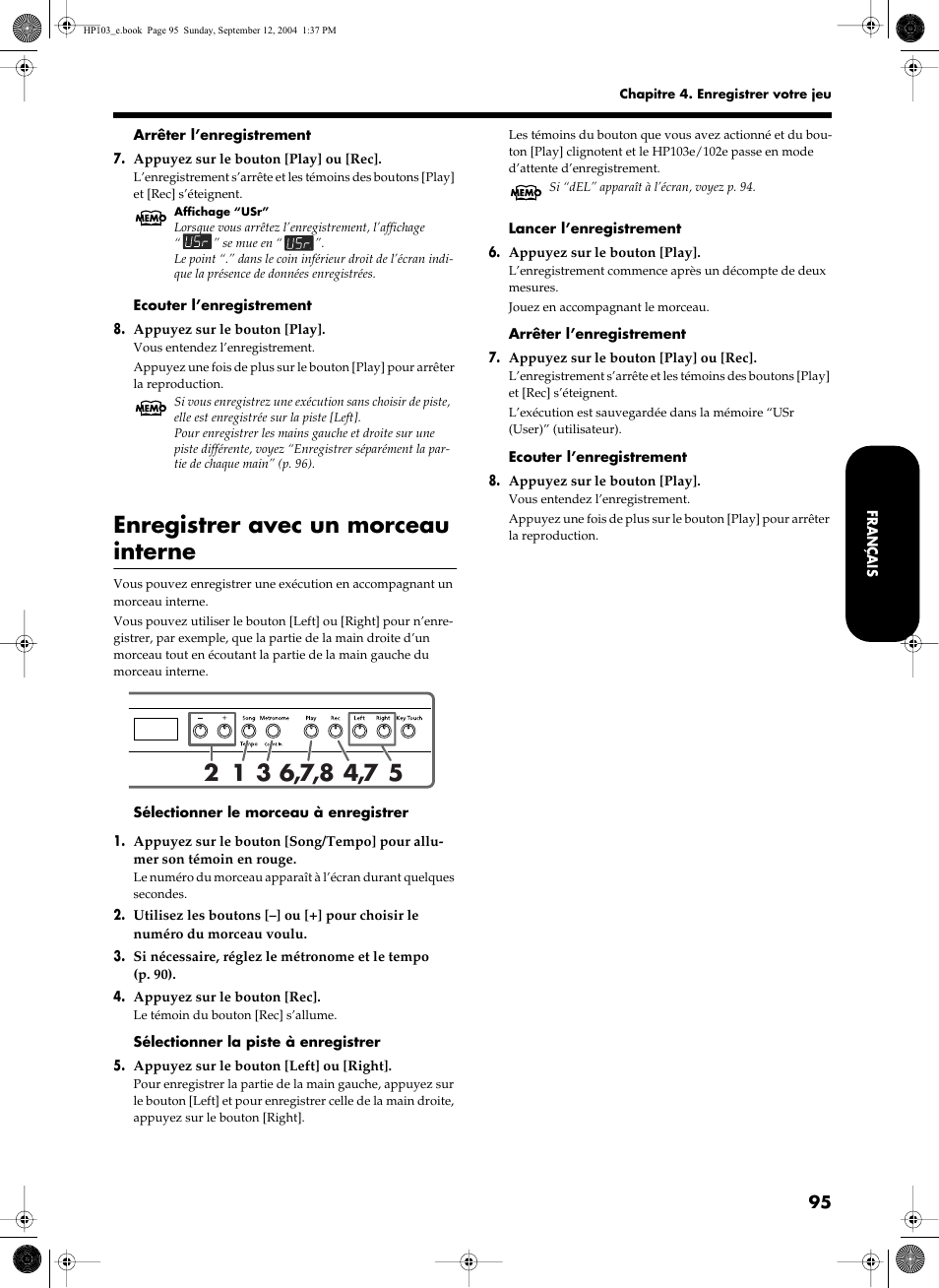 Enregistrer avec un morceau interne | Roland HP103e User Manual | Page 97 / 224