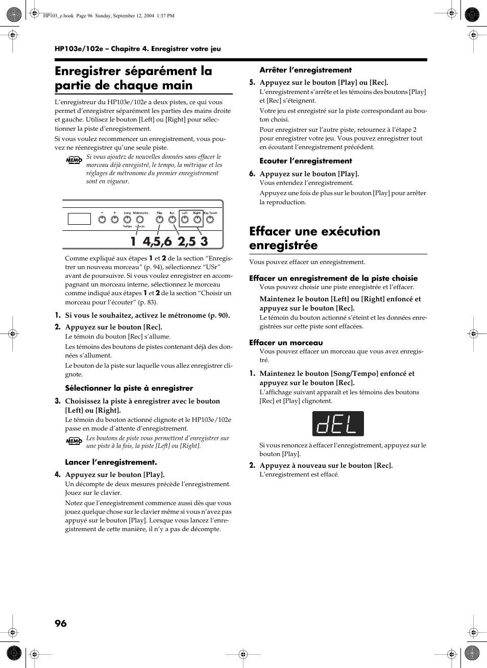 Enregistrer séparément la partie de chaque main, Effacer une exécution enregistrée | Roland HP103e User Manual | Page 98 / 224