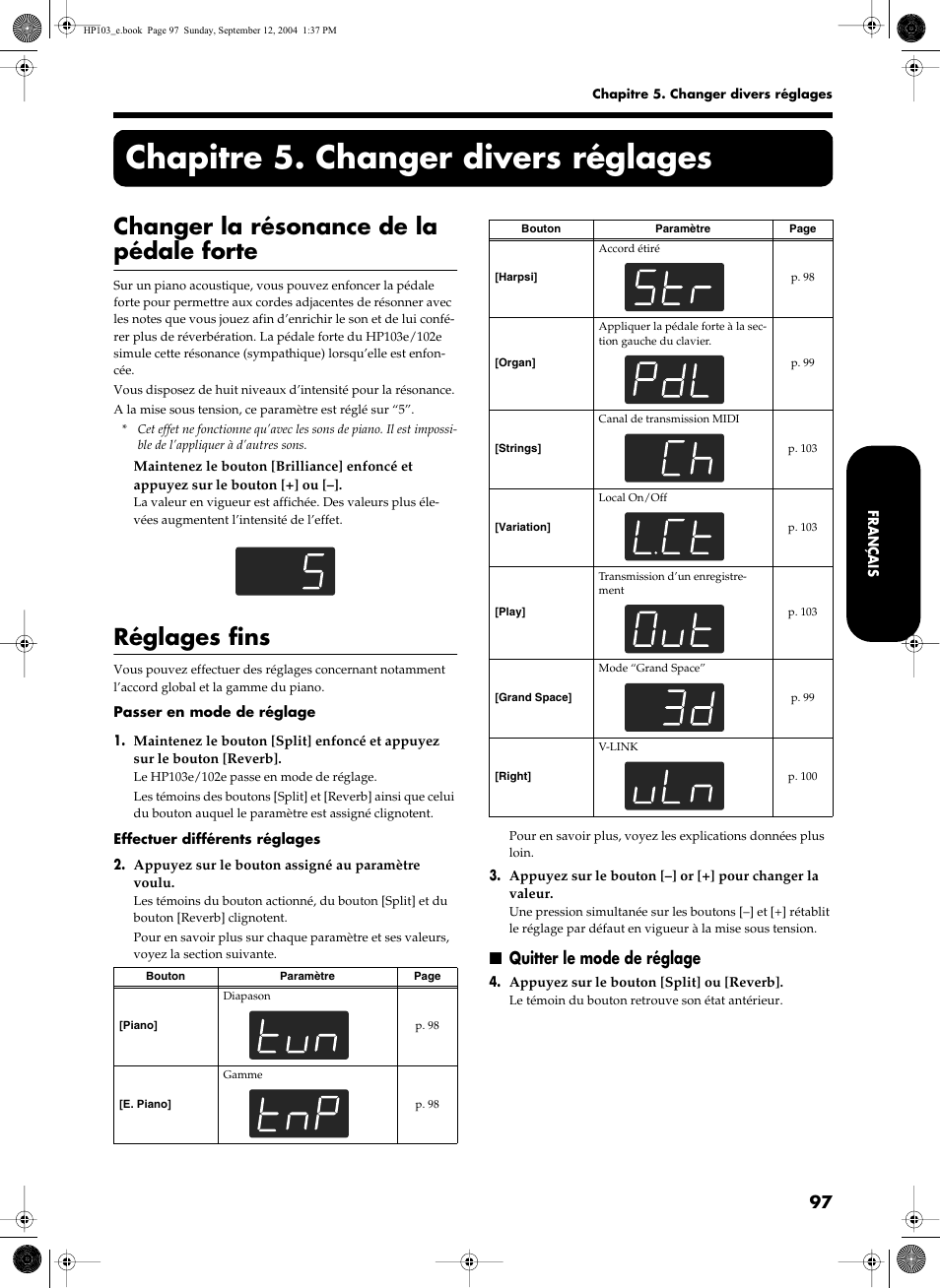 Chapitre 5. changer divers réglages, Changer la résonance de la pédale forte, Réglages fins | Quitter le mode de réglage | Roland HP103e User Manual | Page 99 / 224